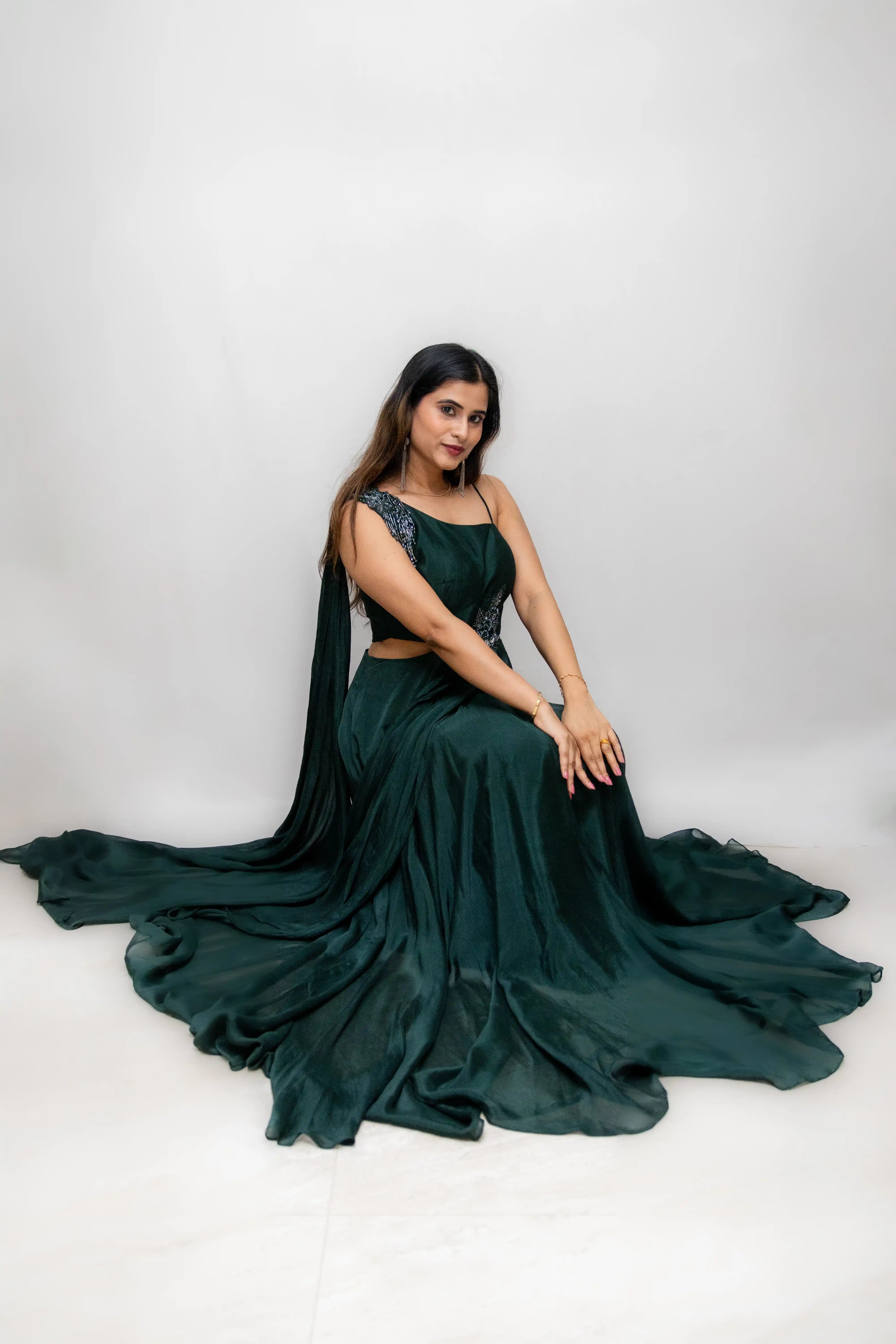 Green Designer Gown with Beaded One-Shoulder Blouse