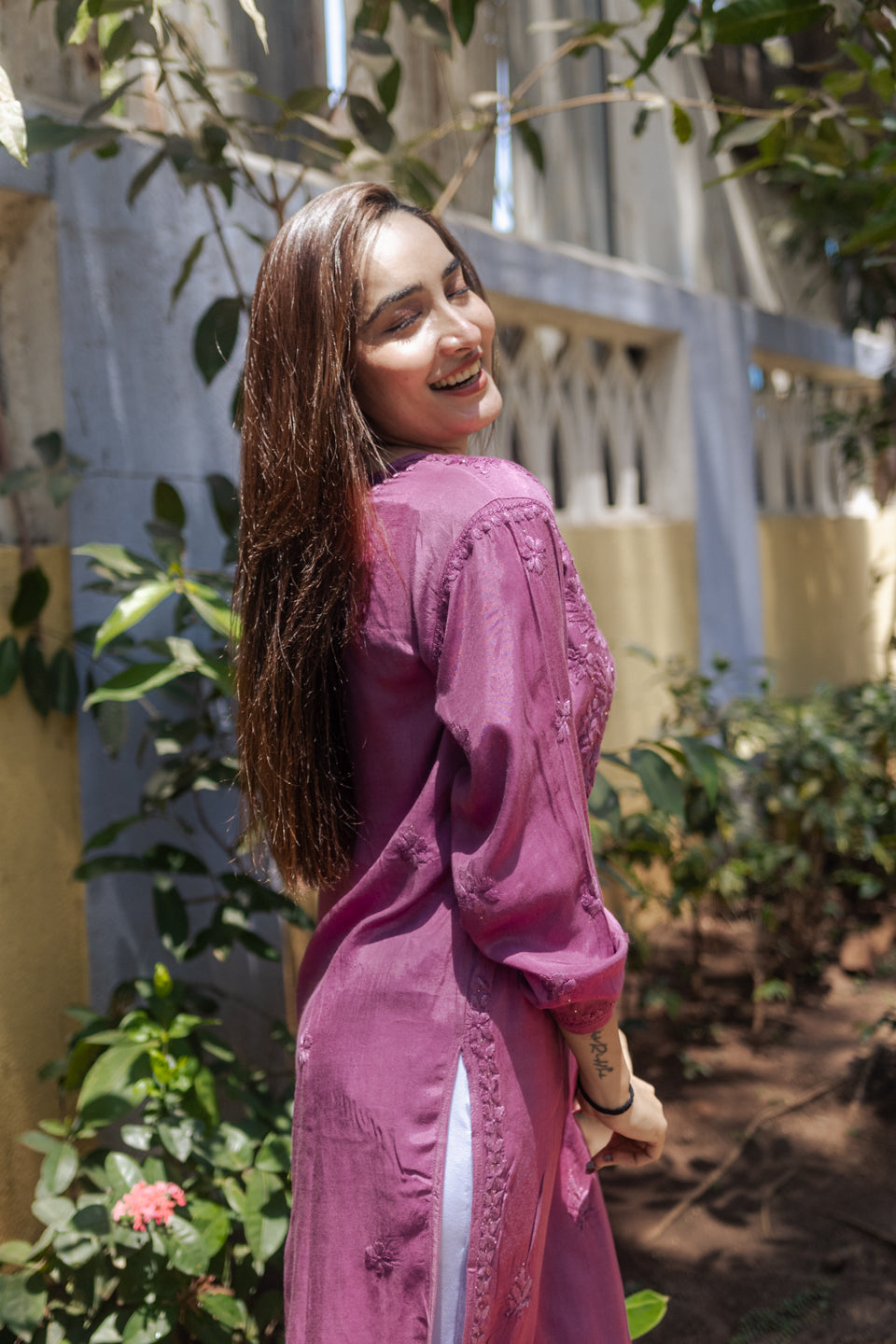 Purple Lucknowi Kurta with Detailed Handwork Sleeves