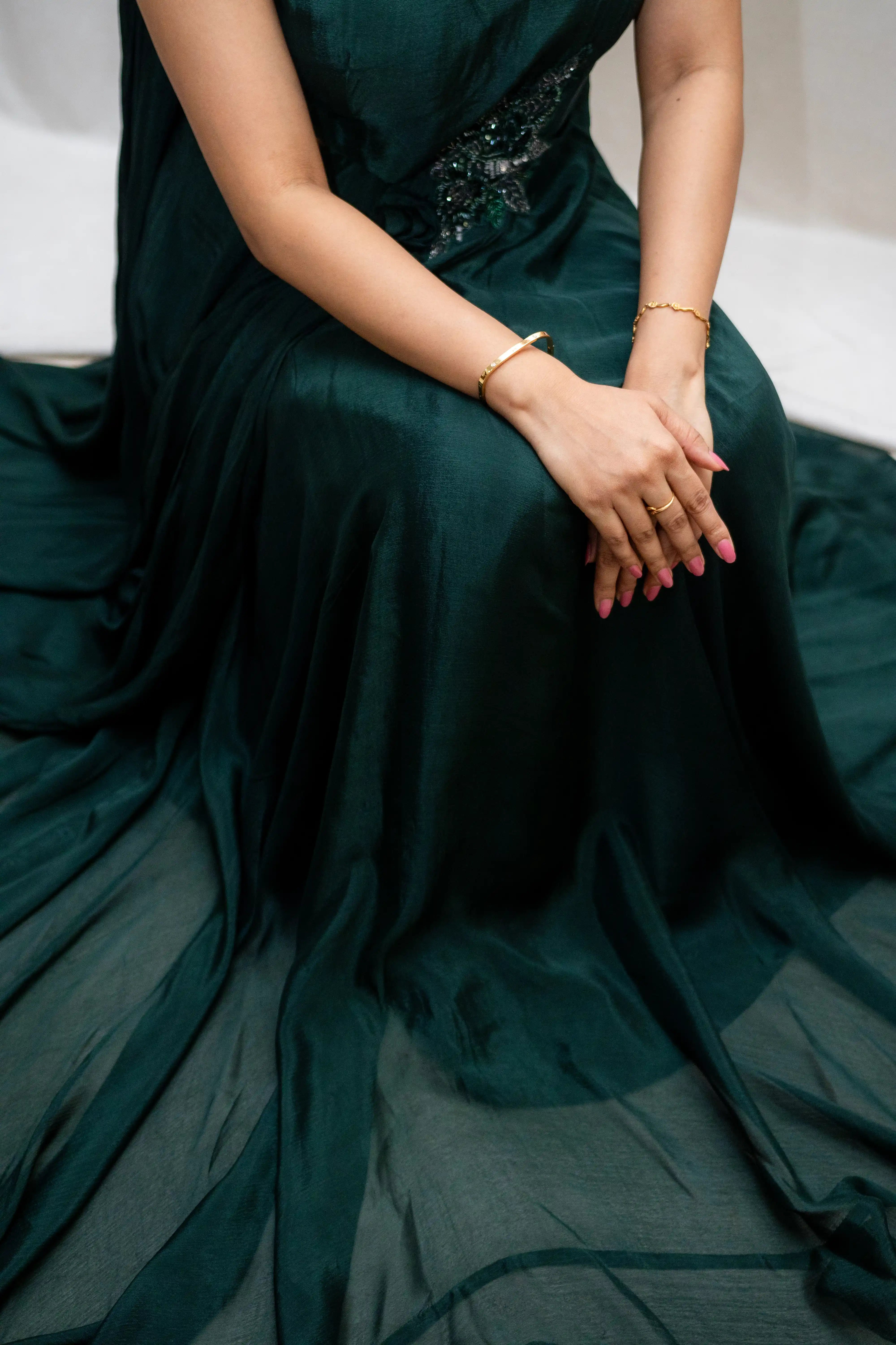 Green Designer Gown with Beaded One-Shoulder Blouse