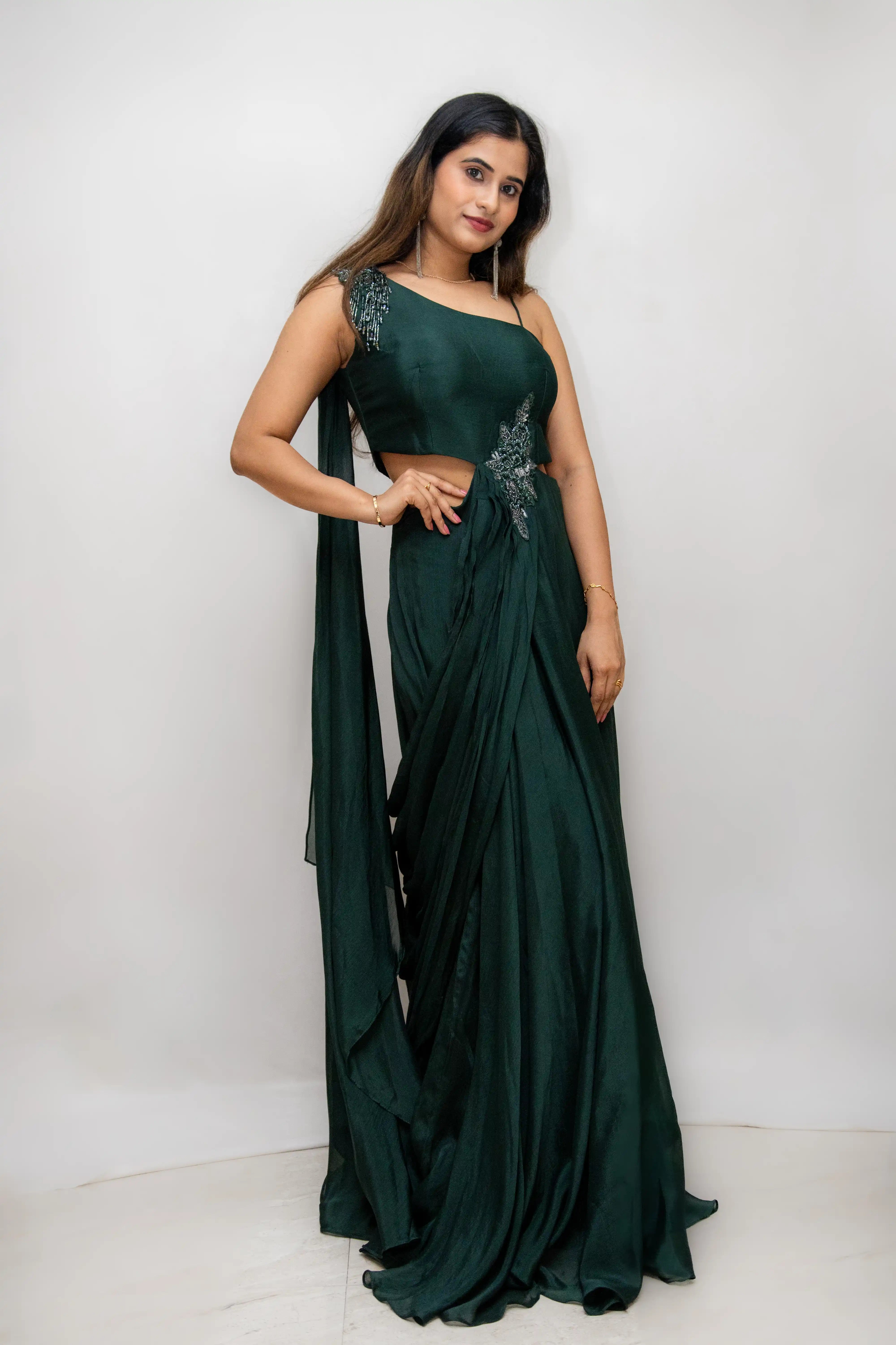 Green Designer Gown with Beaded One-Shoulder Blouse