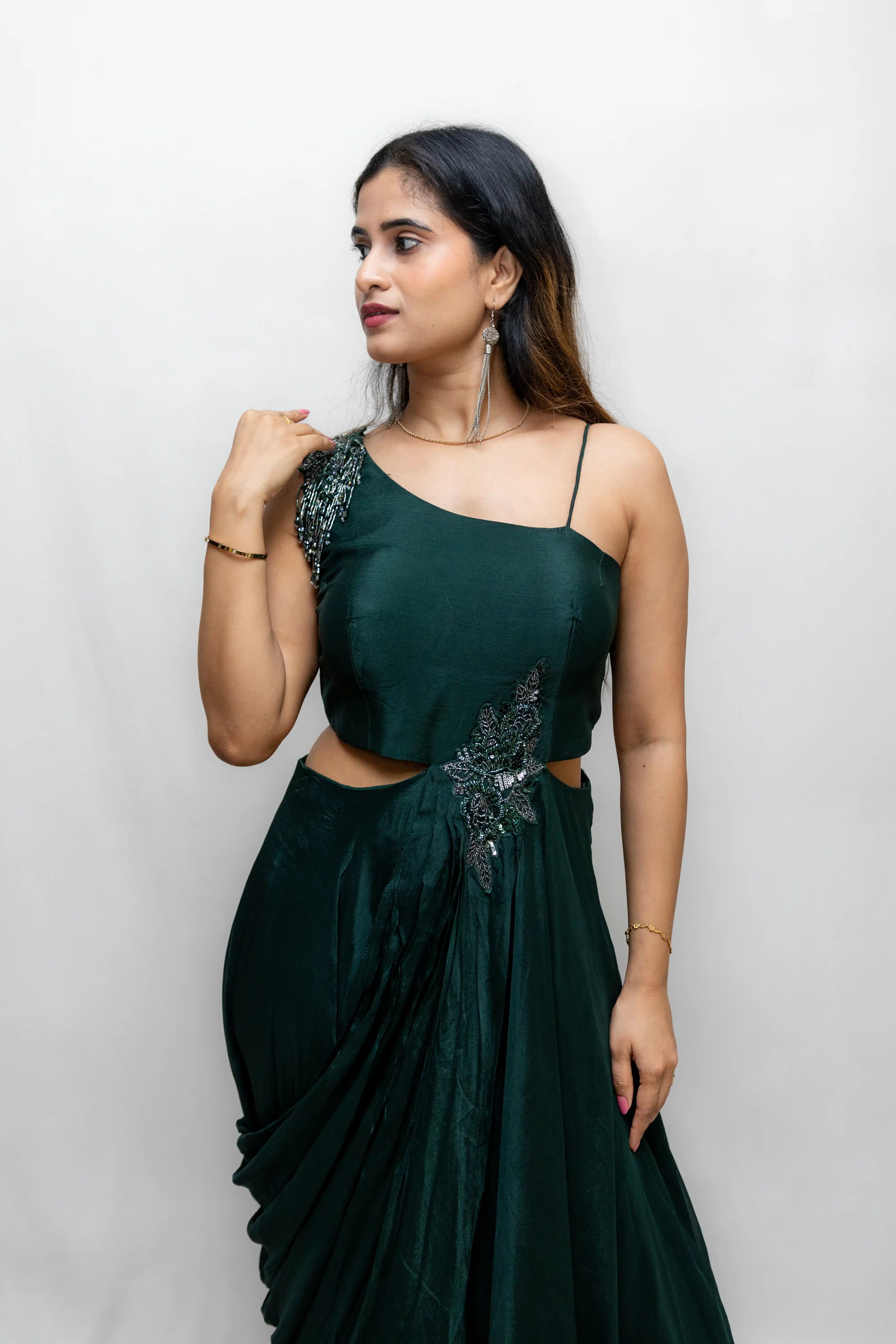Green Designer Gown with Beaded One-Shoulder Blouse