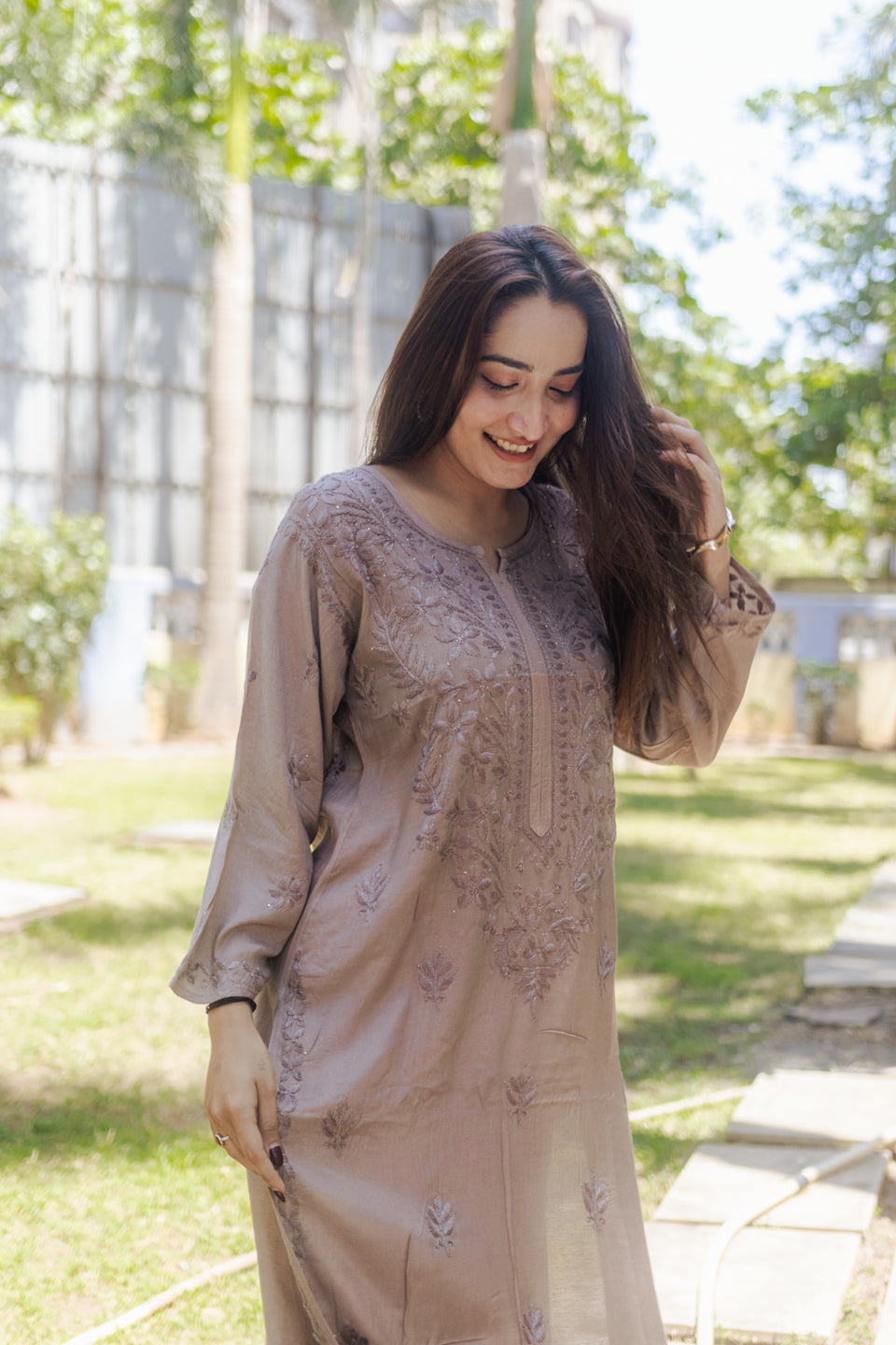 Brown Lucknowi Kurta with Detailed Handwork Sleeves