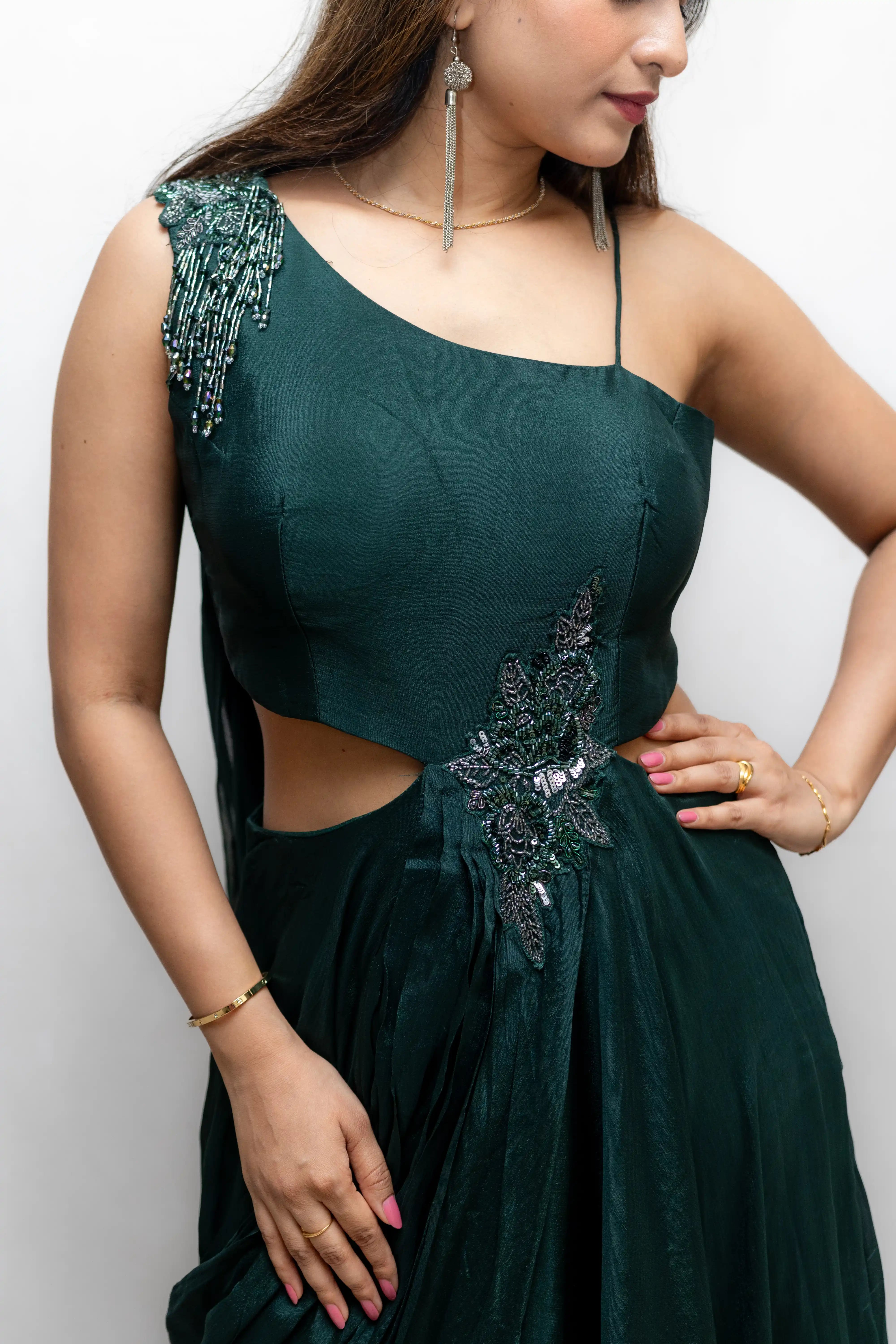 Green Designer Gown with Beaded One-Shoulder Blouse