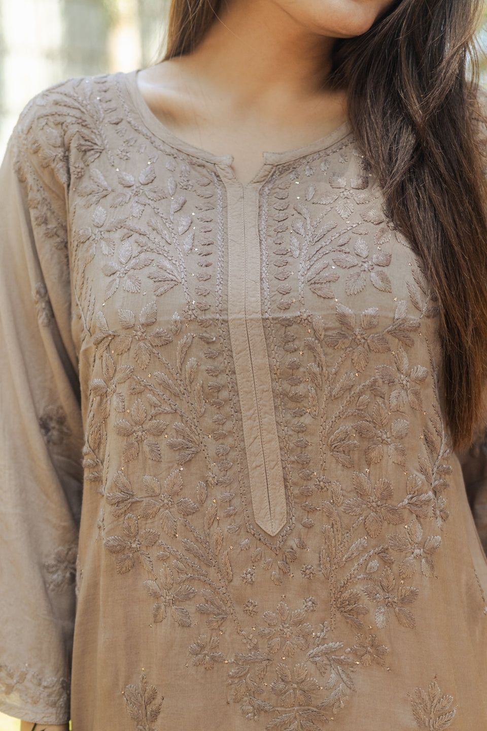 Brown Lucknowi Kurta with Detailed Handwork Sleeves