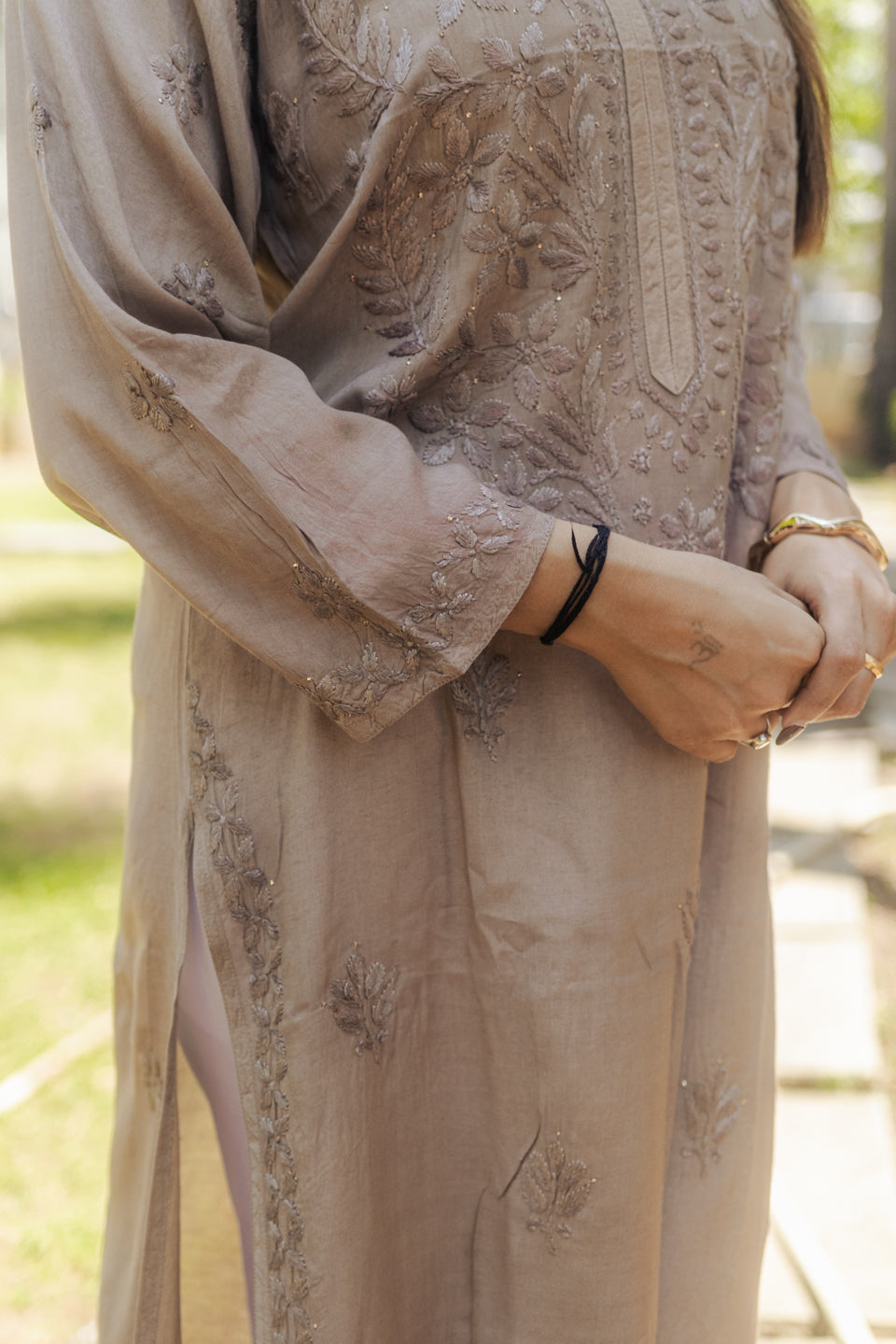 Brown Lucknowi Kurta with Detailed Handwork Sleeves