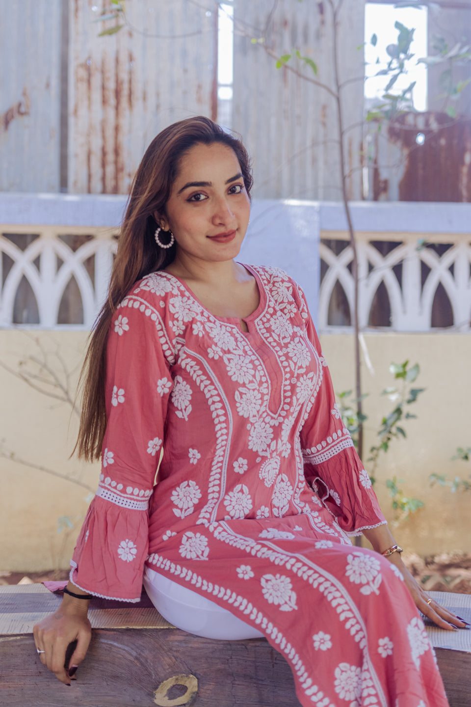 Peach Lucknowi Kurta with Detailed Handwork Sleeves