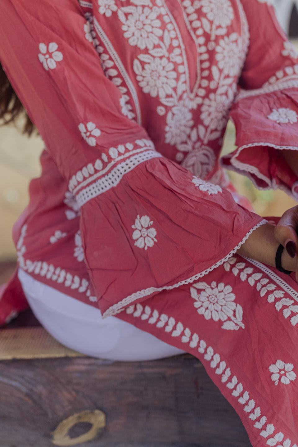 Peach Lucknowi Kurta with Detailed Handwork Sleeves