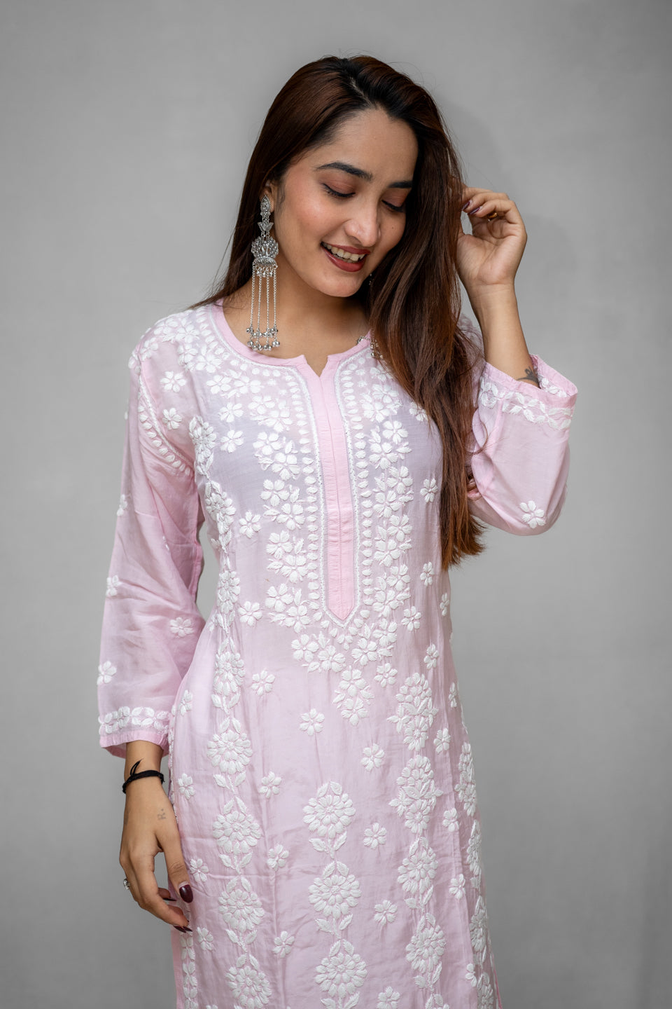 Baby Pink Lucknowi Kurta with Detailed Handwork Sleeves