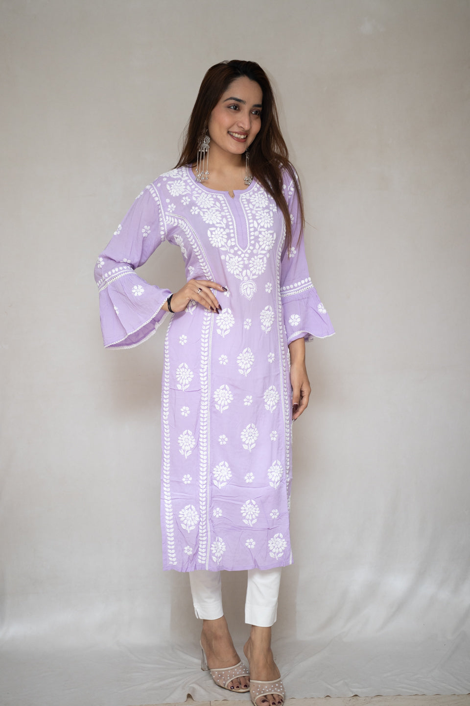 Lilac Lucknowi Kurta with Flared Bell Sleeves