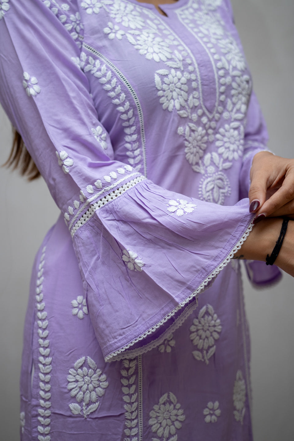 Lilac Lucknowi Kurta with Flared Bell Sleeves