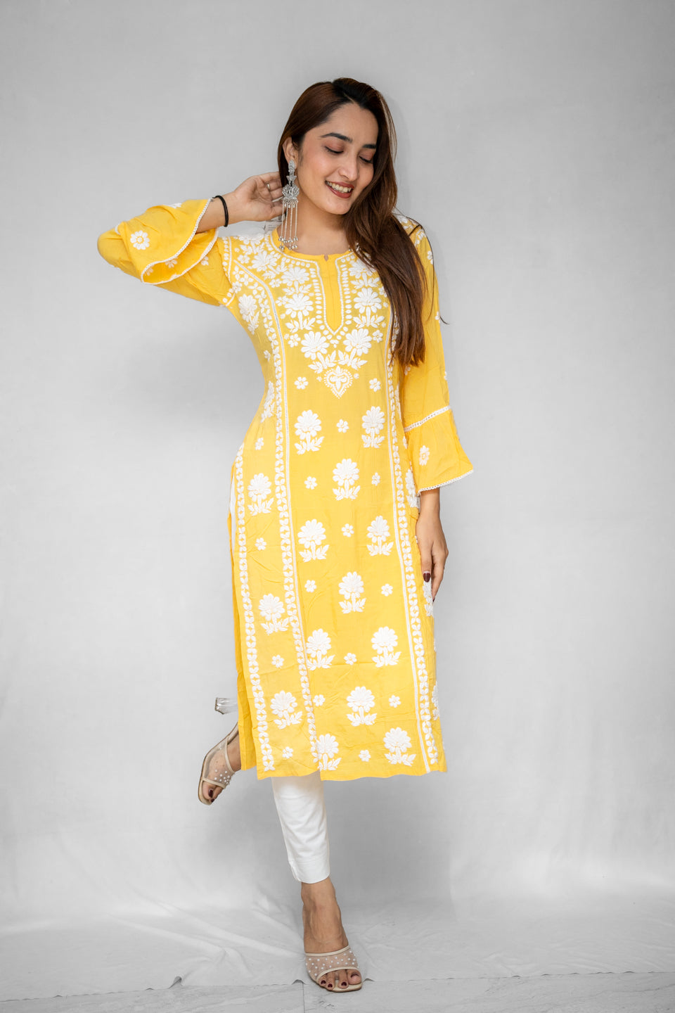 Yellow Lucknowi Kurta with Flared Bell Sleeves