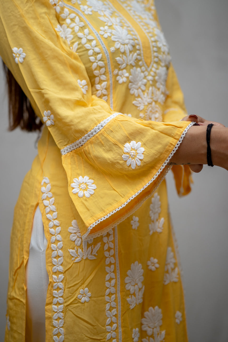 Yellow Lucknowi Kurta with Flared Bell Sleeves