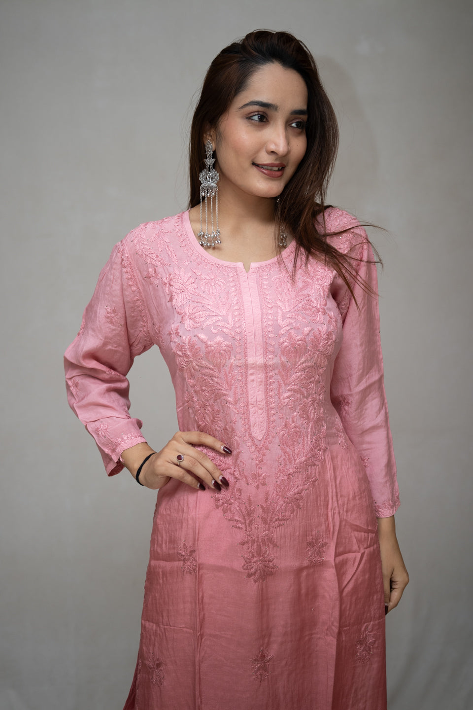 Peach Lucknowi Kurta with Detailed Handwork Sleeves