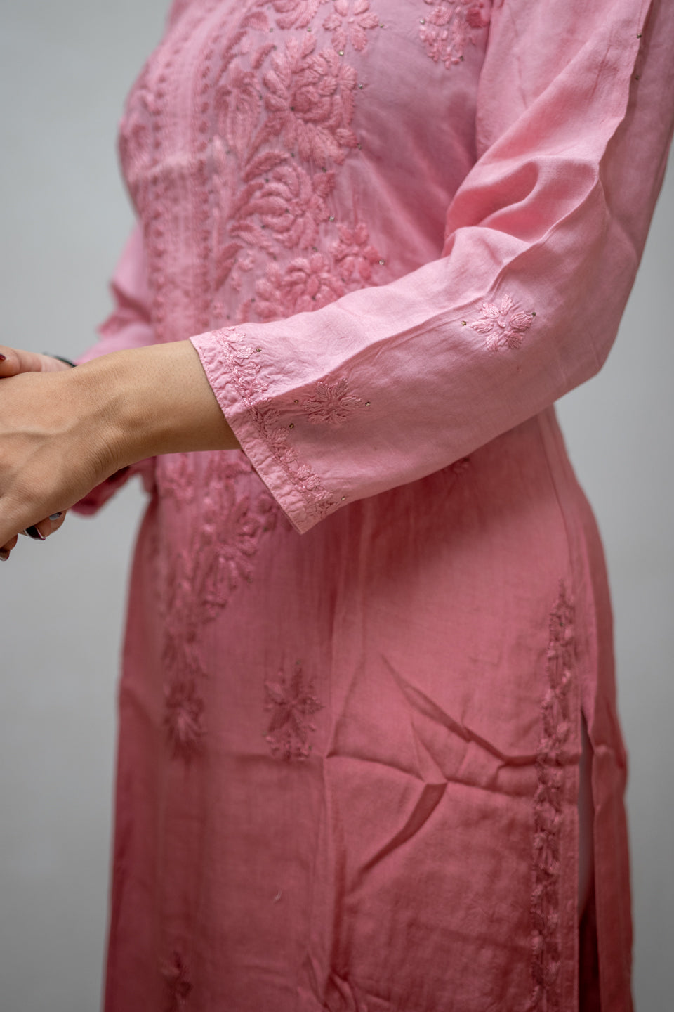 Peach Lucknowi Kurta with Detailed Handwork Sleeves