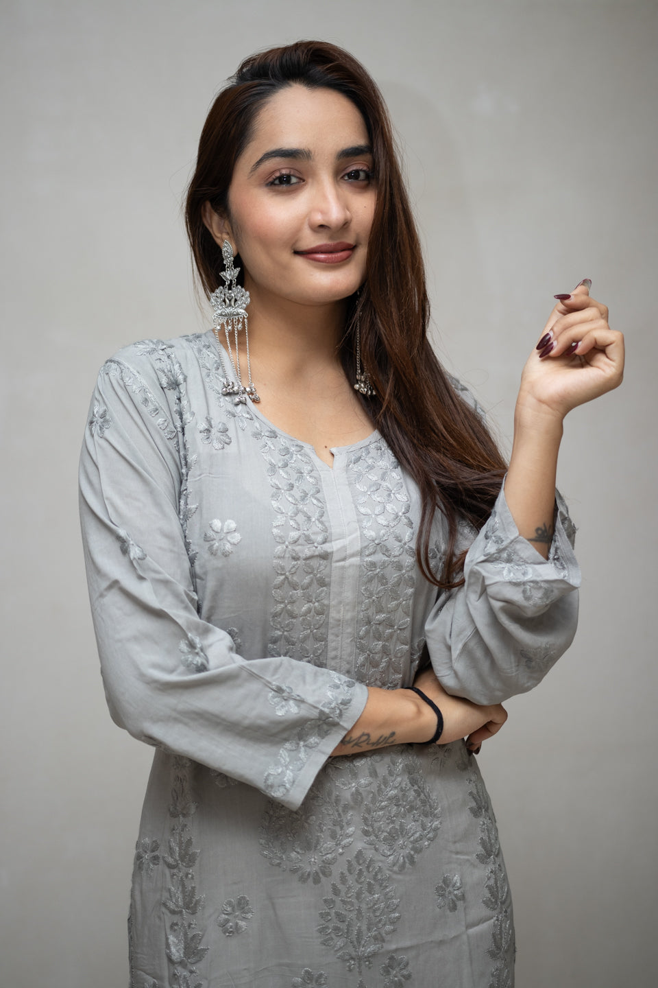 Grey Lucknowi Kurta with Detailed Handwork Sleeves