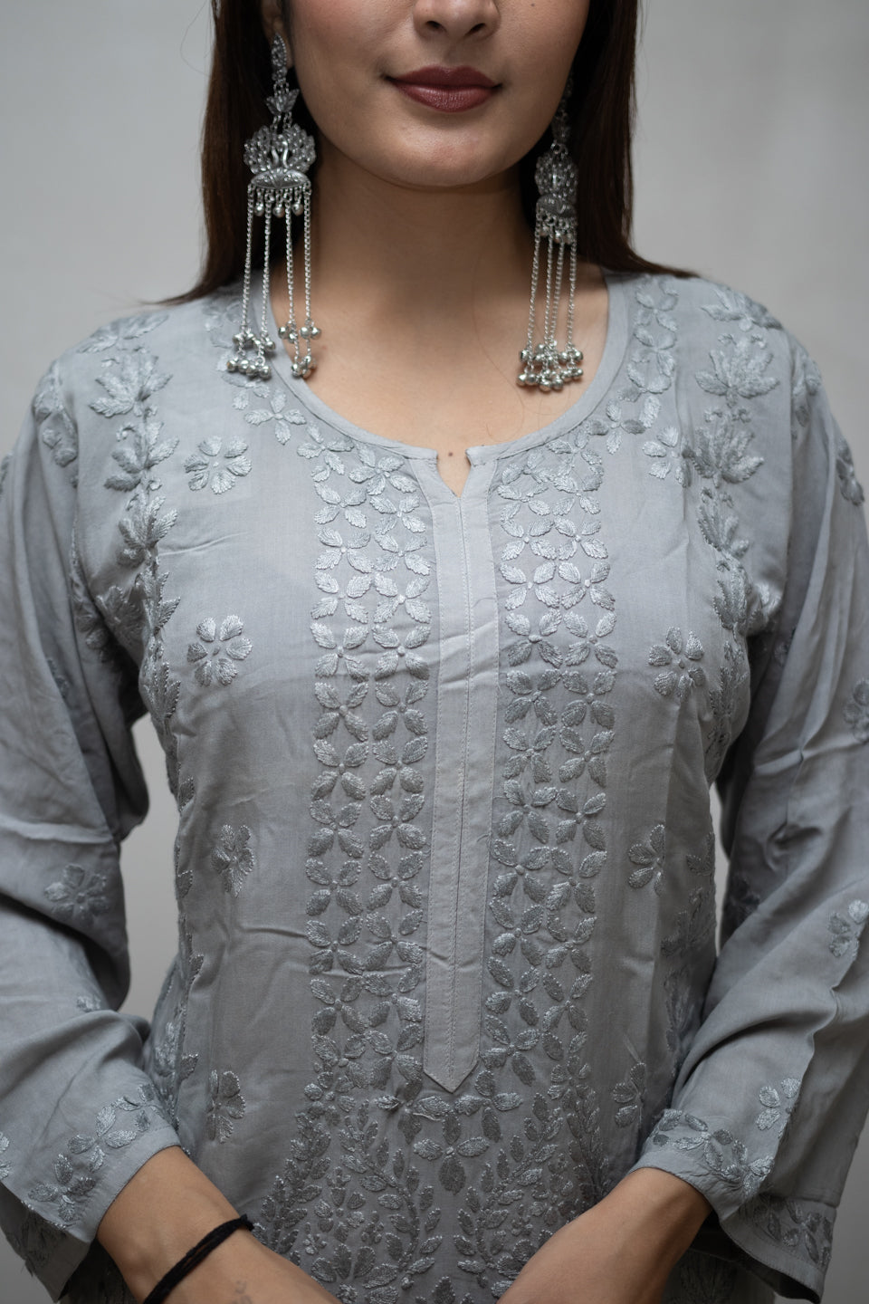 Grey Lucknowi Kurta with Detailed Handwork Sleeves