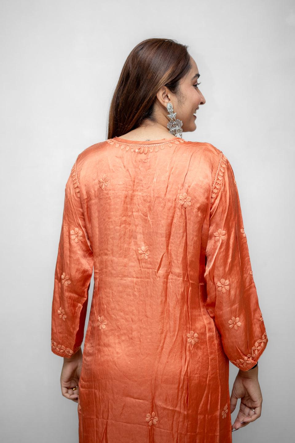 Rust Lucknowi Kurta with Detailed Handwork Sleeves