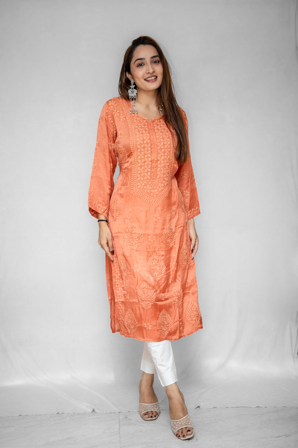Rust Lucknowi Kurta with Detailed Handwork Sleeves