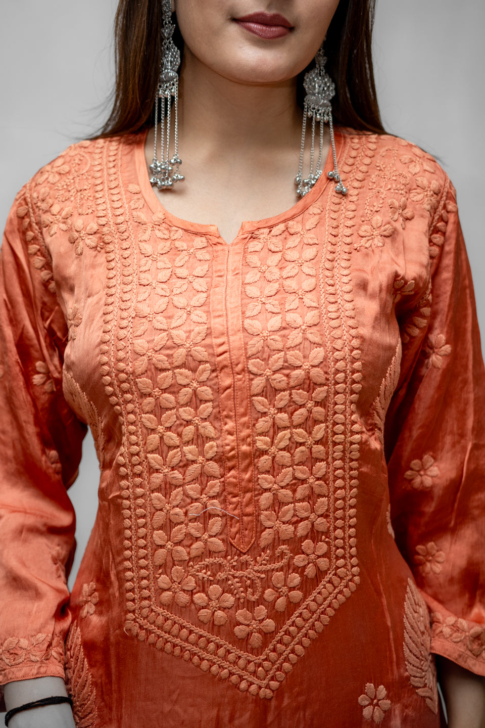 Rust Lucknowi Kurta with Detailed Handwork Sleeves