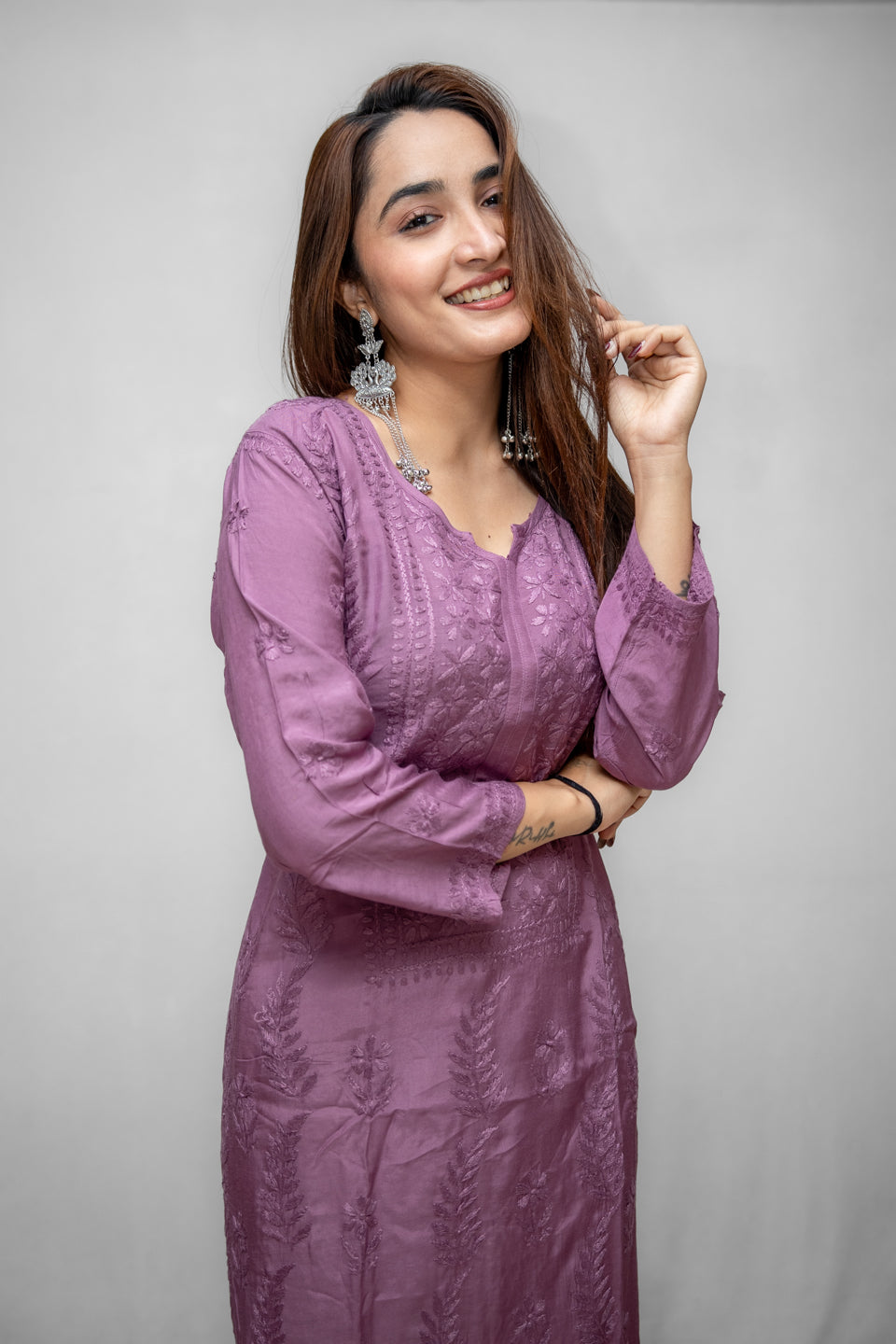 Lavender Lucknowi Kurta with Detailed Handwork Sleeves