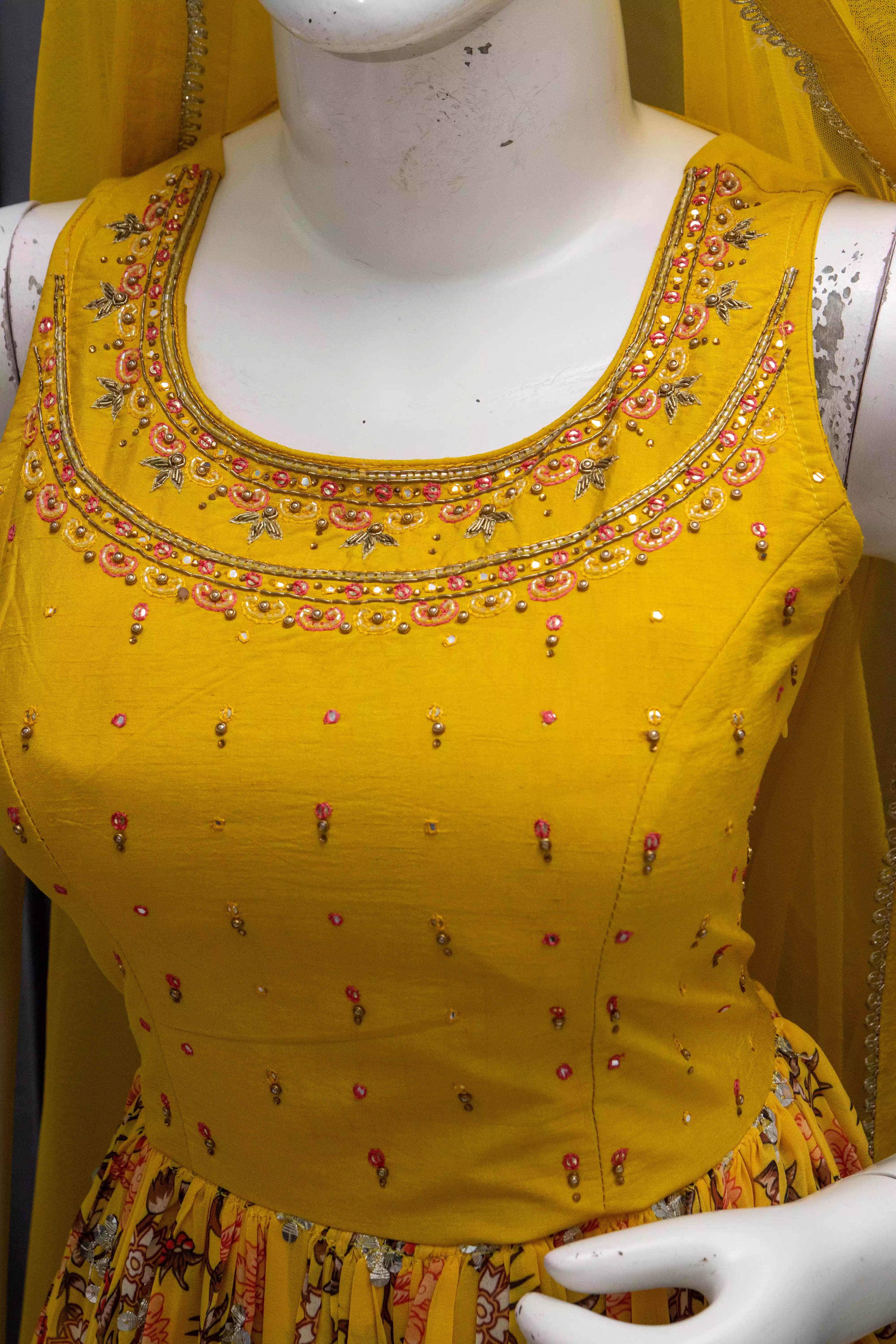 Yellow Silk Georgette Gown with Hand Work and Machine Work