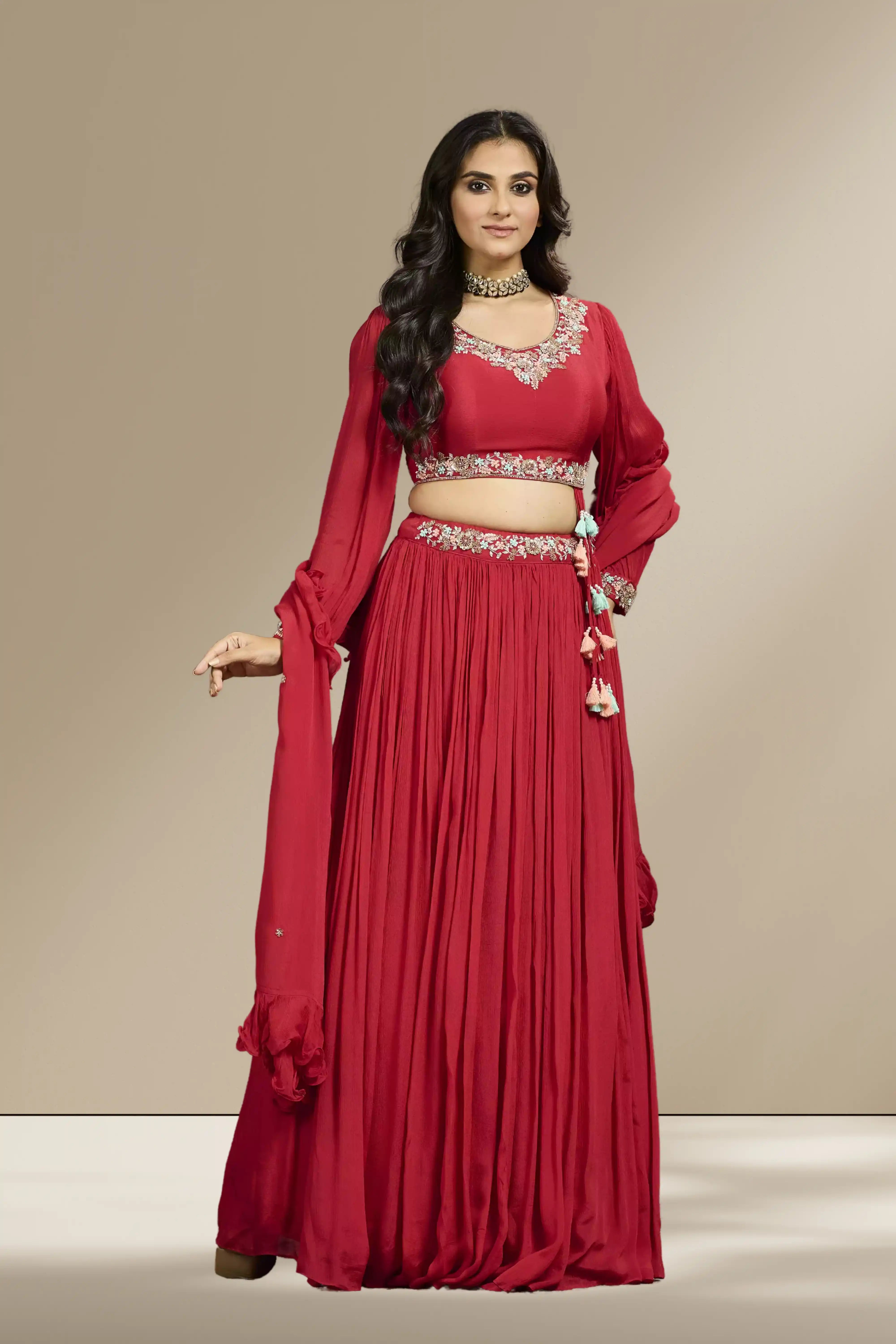 Elegant Red Flared Choli Suit with Embellished Borders & Statement Sleeves