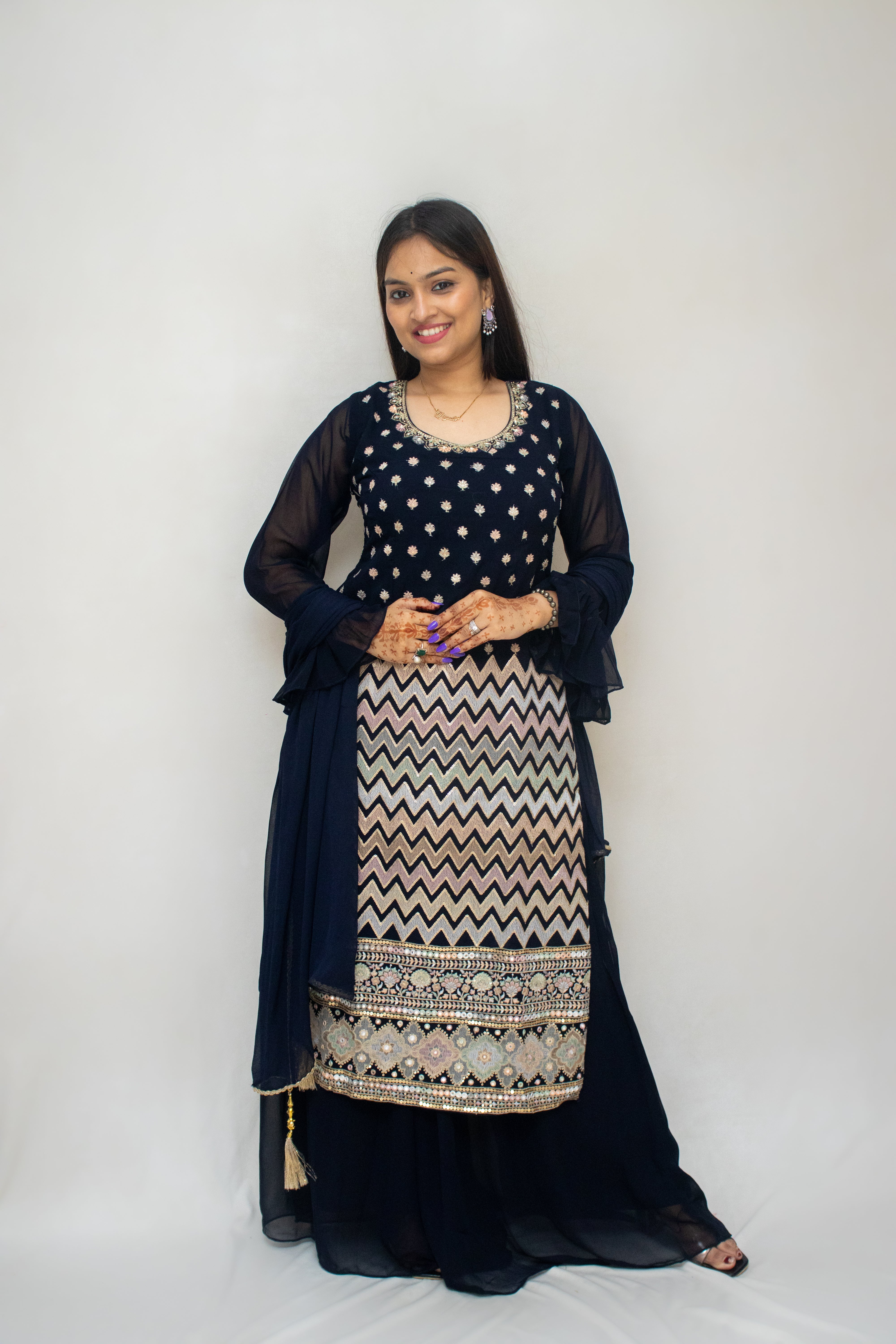 Navy Blue Georgette Plazzo Set with Hand-Embroidered Neckline