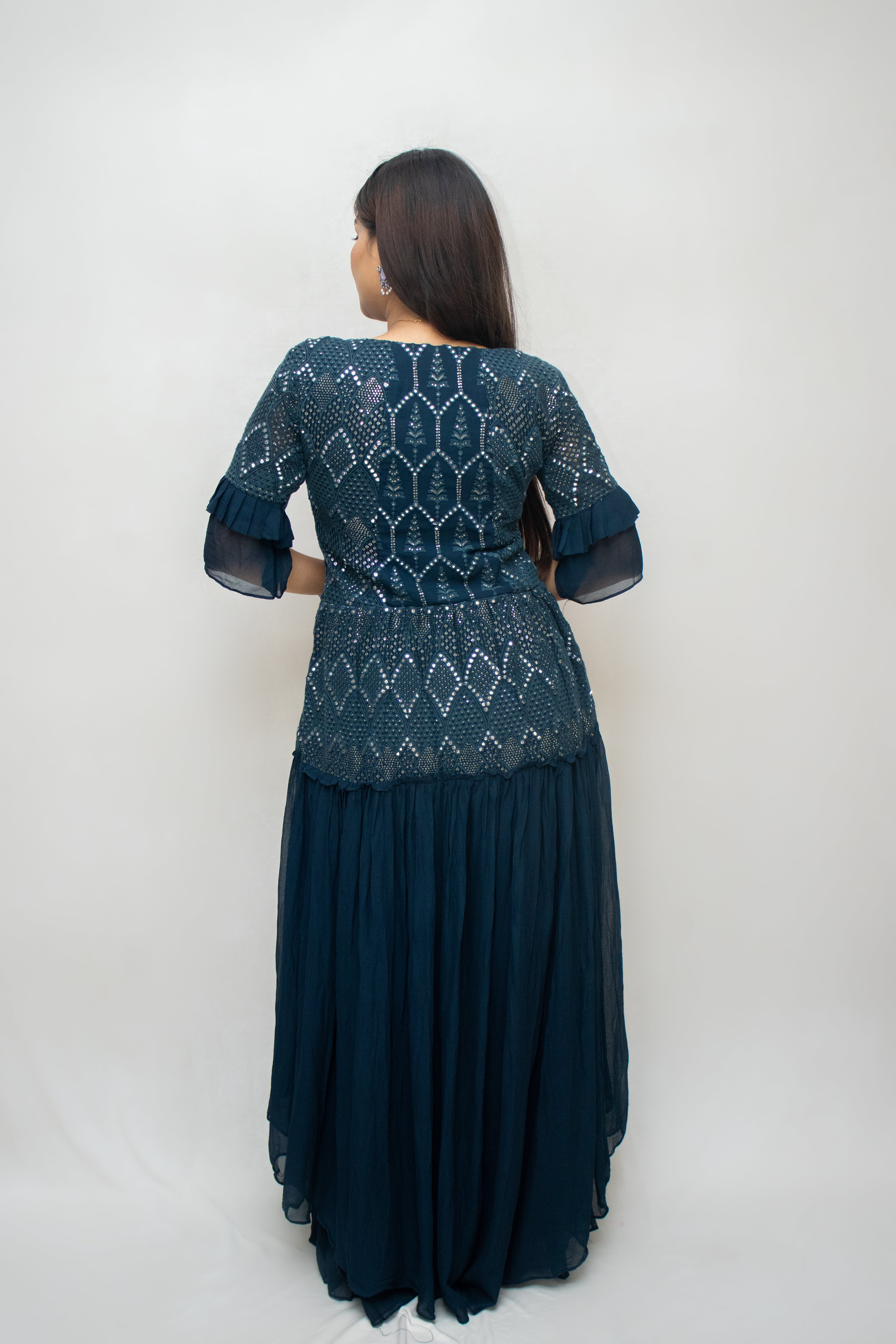 Navy Blue Georgette Plazzo Set with Hand-Embroidered Neckline