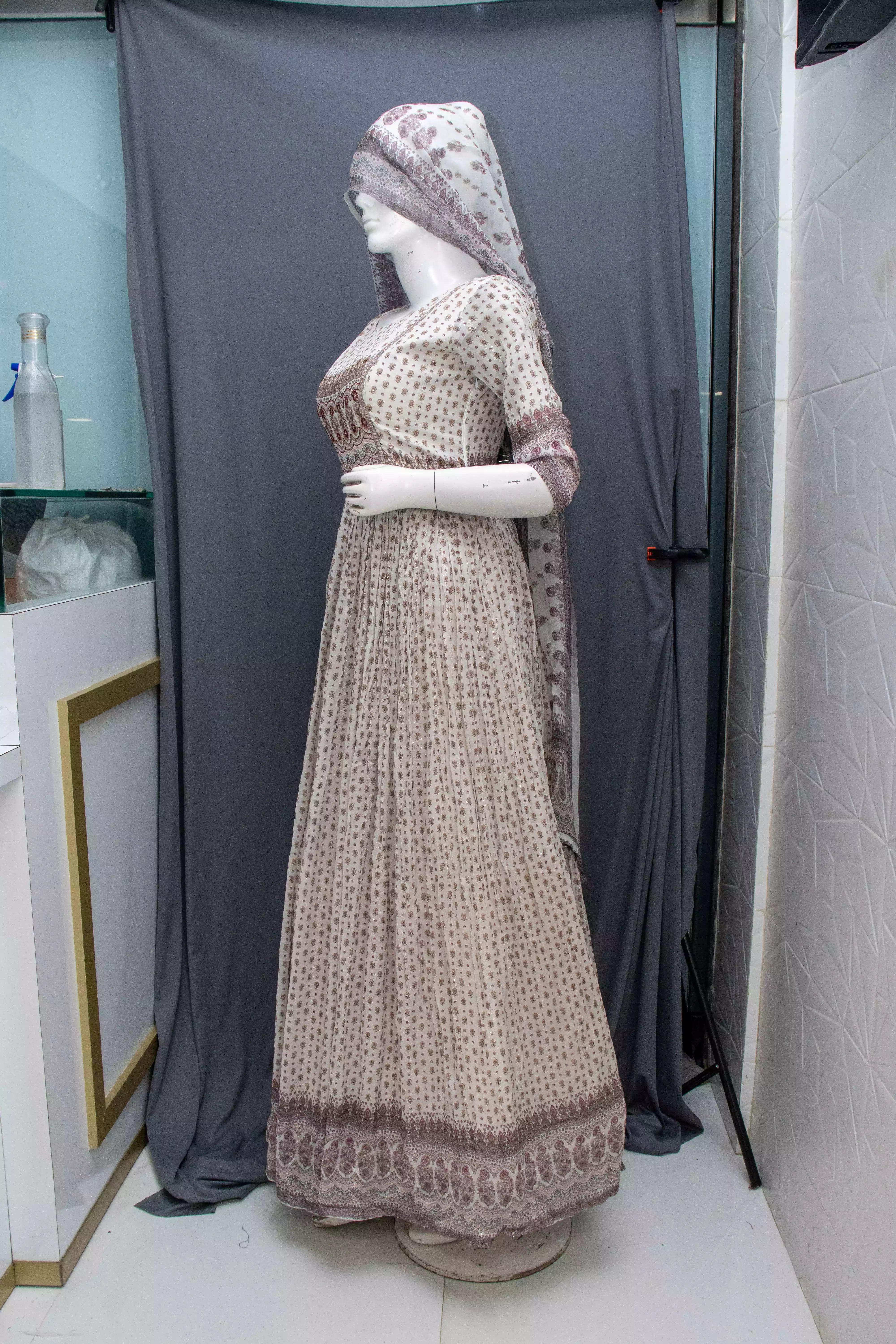 Off White Chinon Silk Gown with Machine Work
