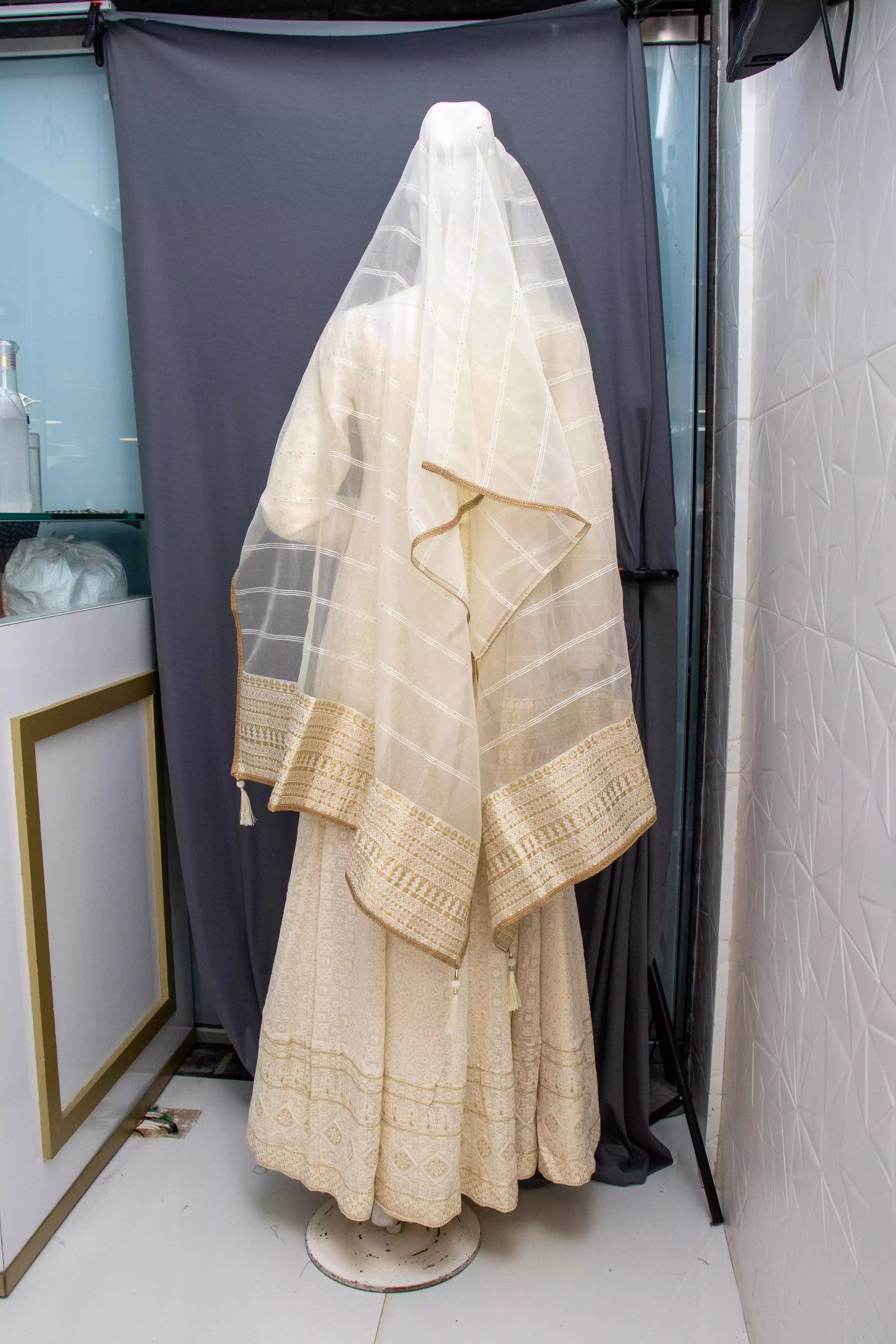 White Georgette Gown with Thread Work