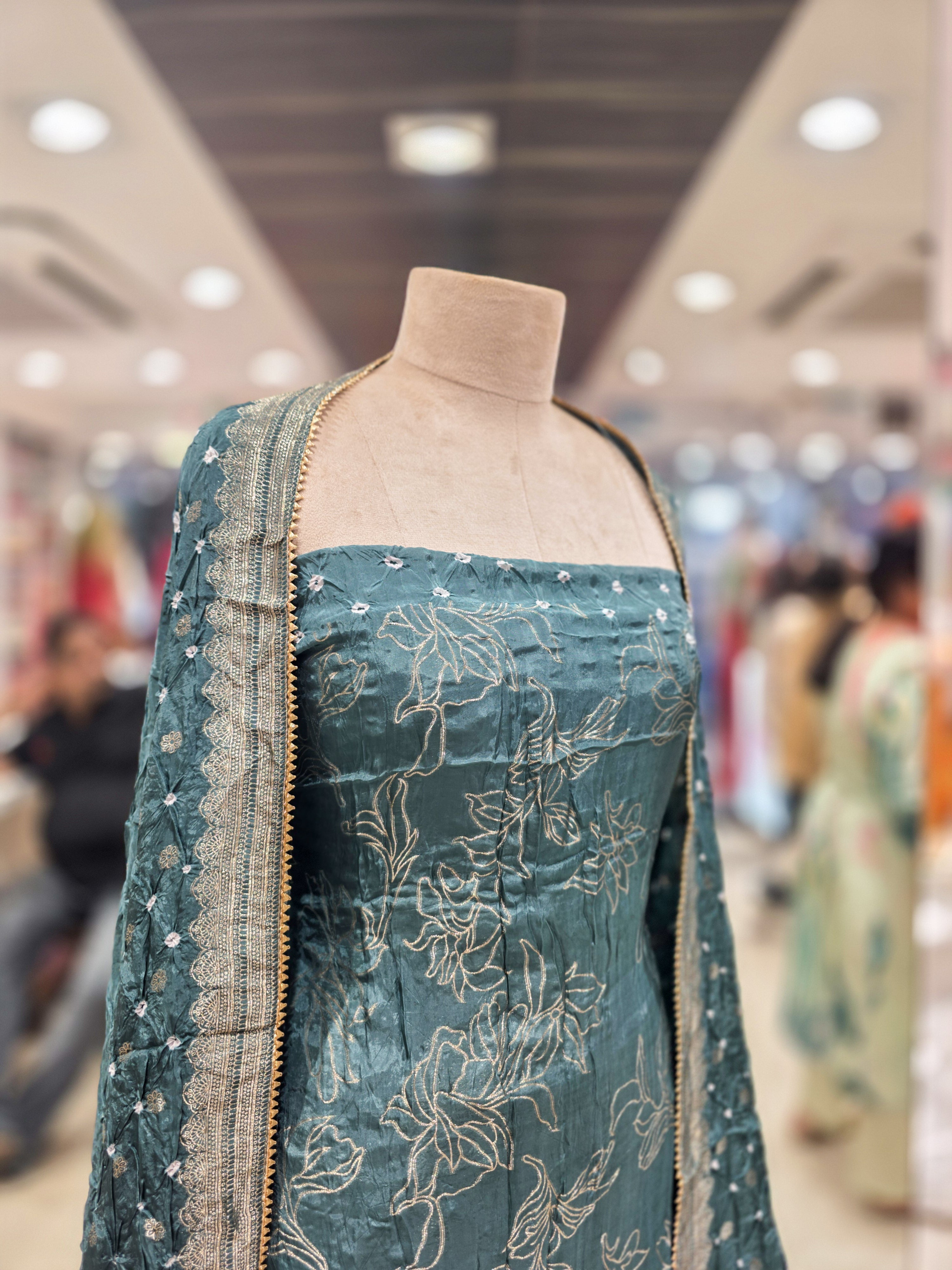Teal Blue Premium Bandhani Dress material with Zari Work