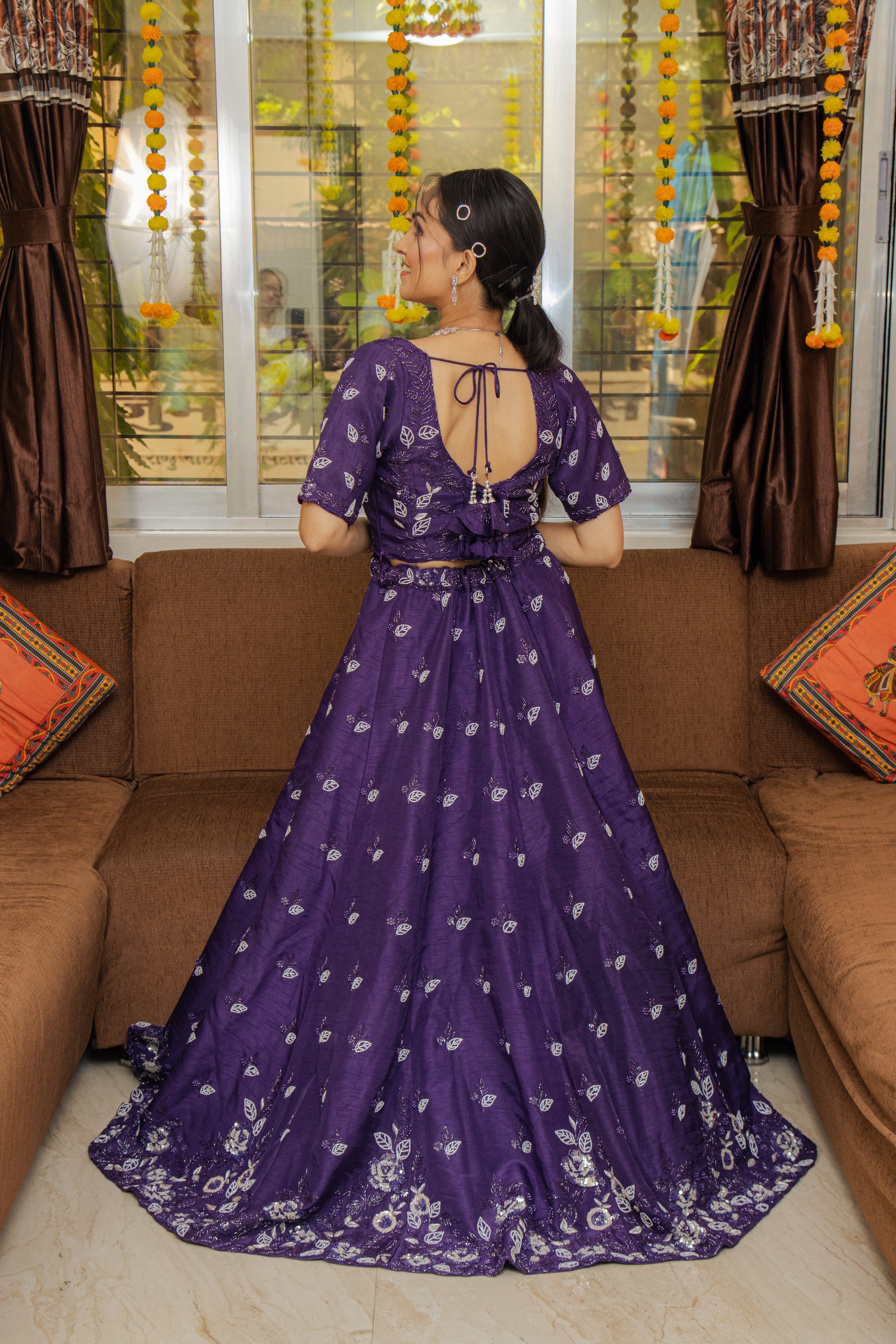 Purple Banarasi Simar Ghagraa with Mirror Work