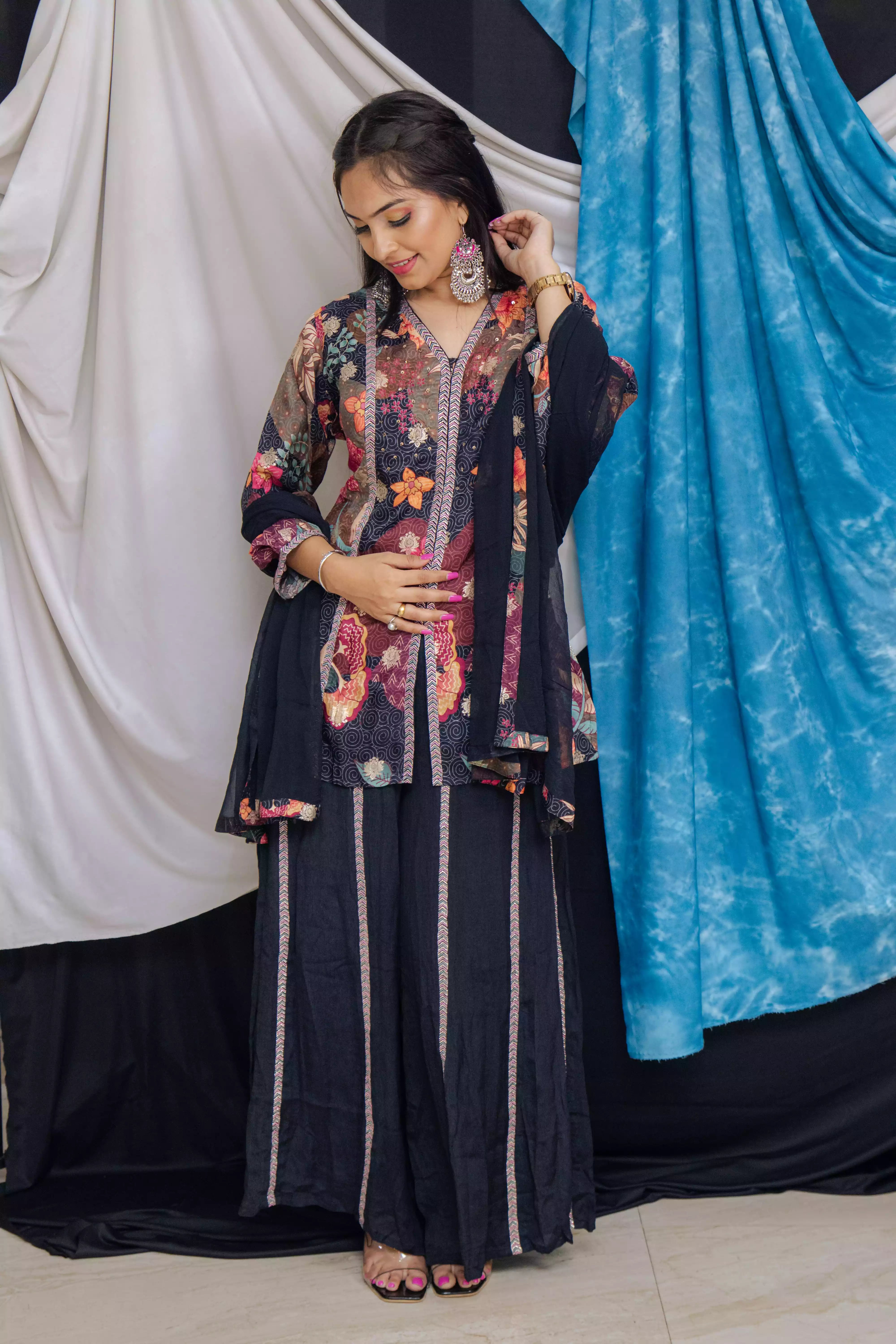 Multicolor Silk Plazzo Suit with Machine Work