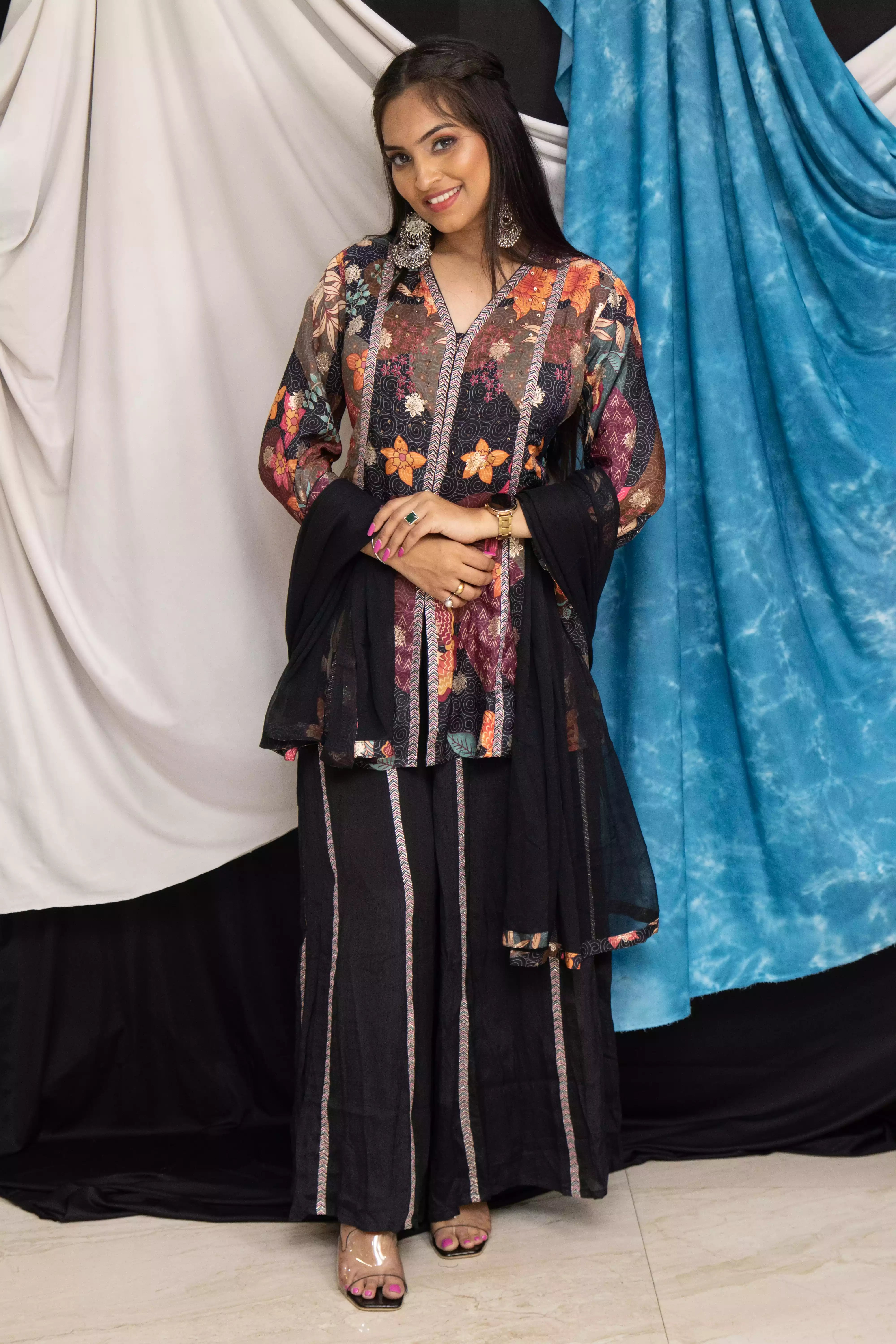 Multicolor Silk Plazzo Suit with Machine Work