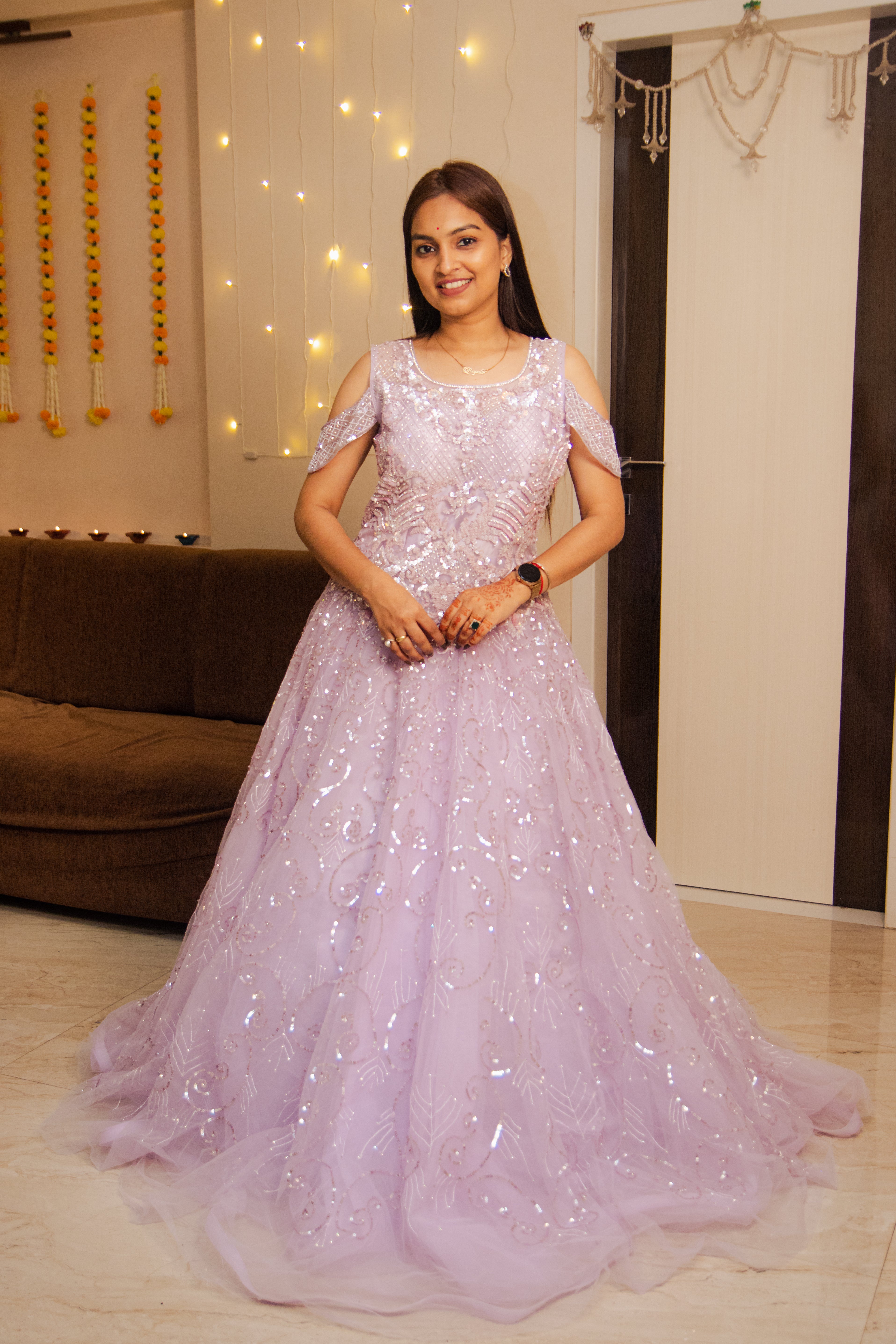 Lilac soft net ghadra with hand work