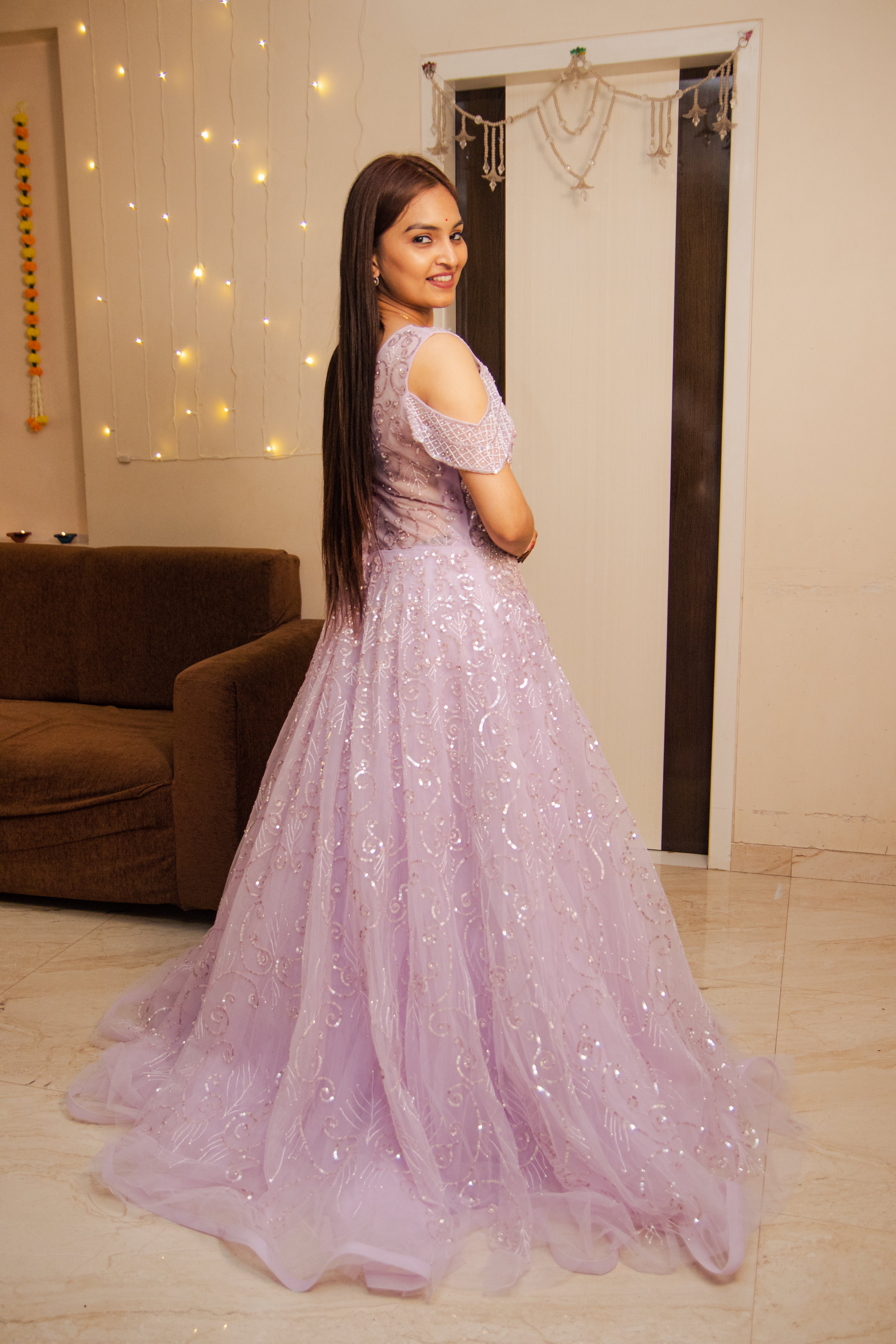 Lilac soft net ghadra with hand work