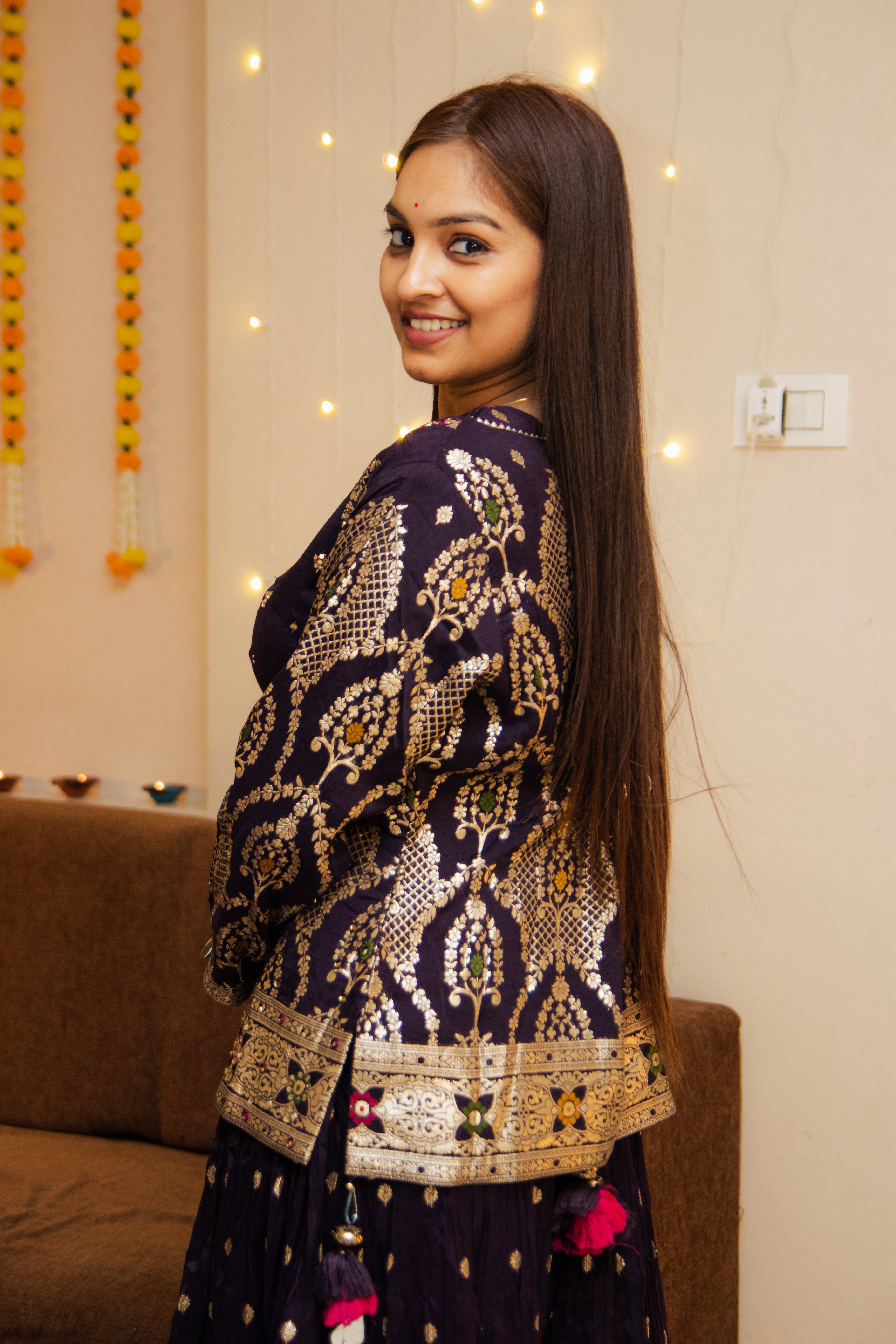 Wine banarasi silk ghagra with traditional weave