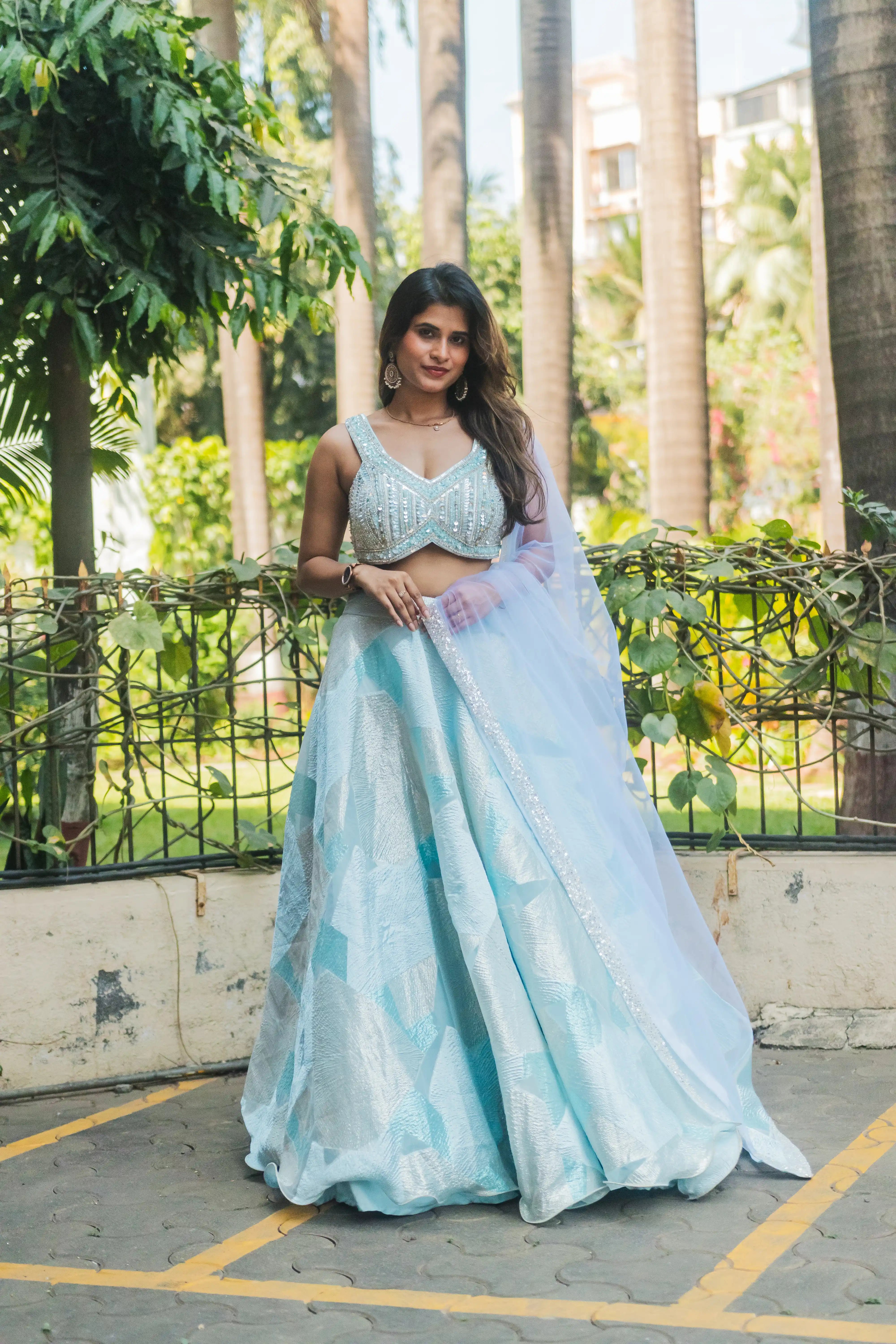 Powder Blue Contemporary Lehenga Set with Sequinned Blouse