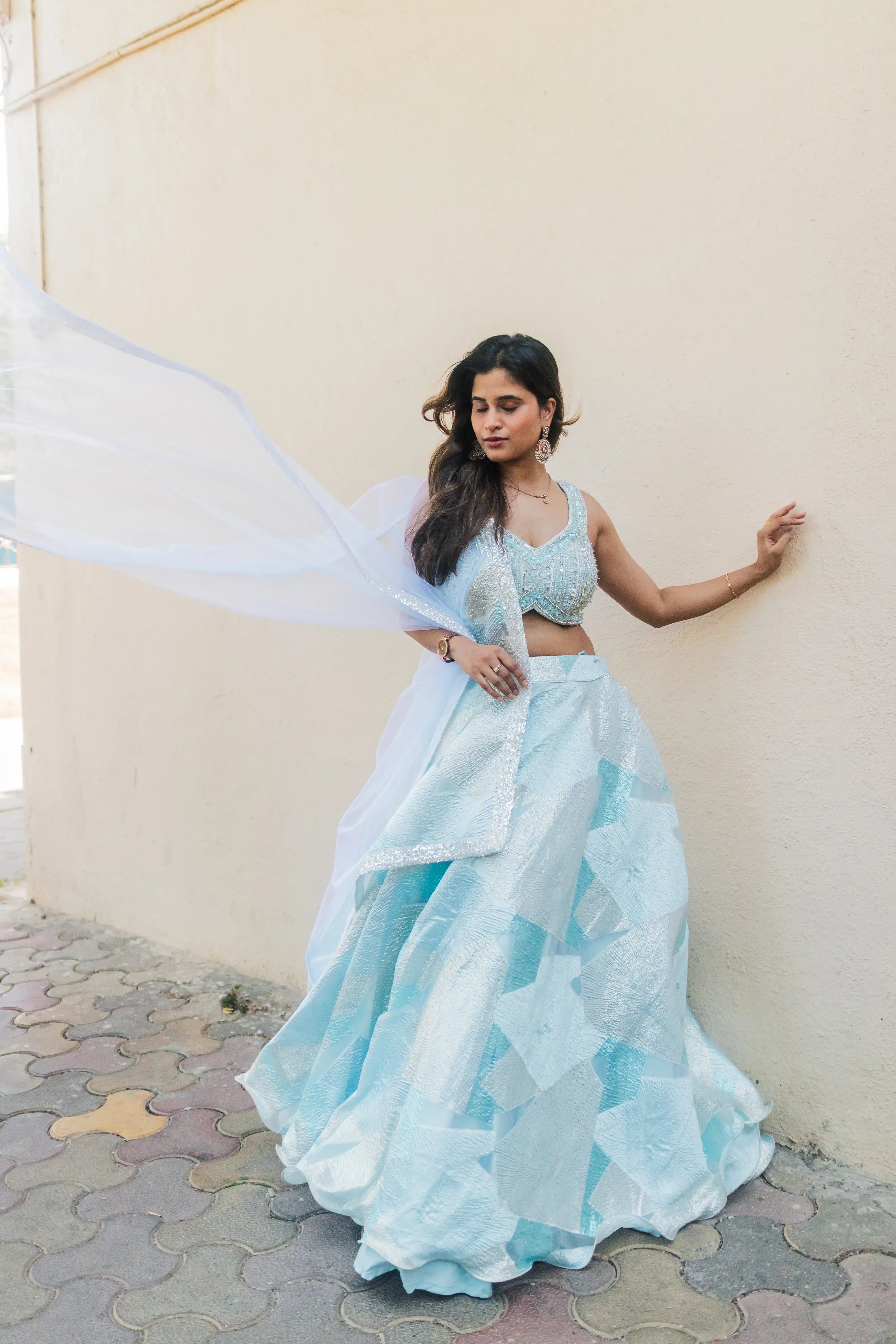 Powder Blue Contemporary Lehenga Set with Sequinned Blouse