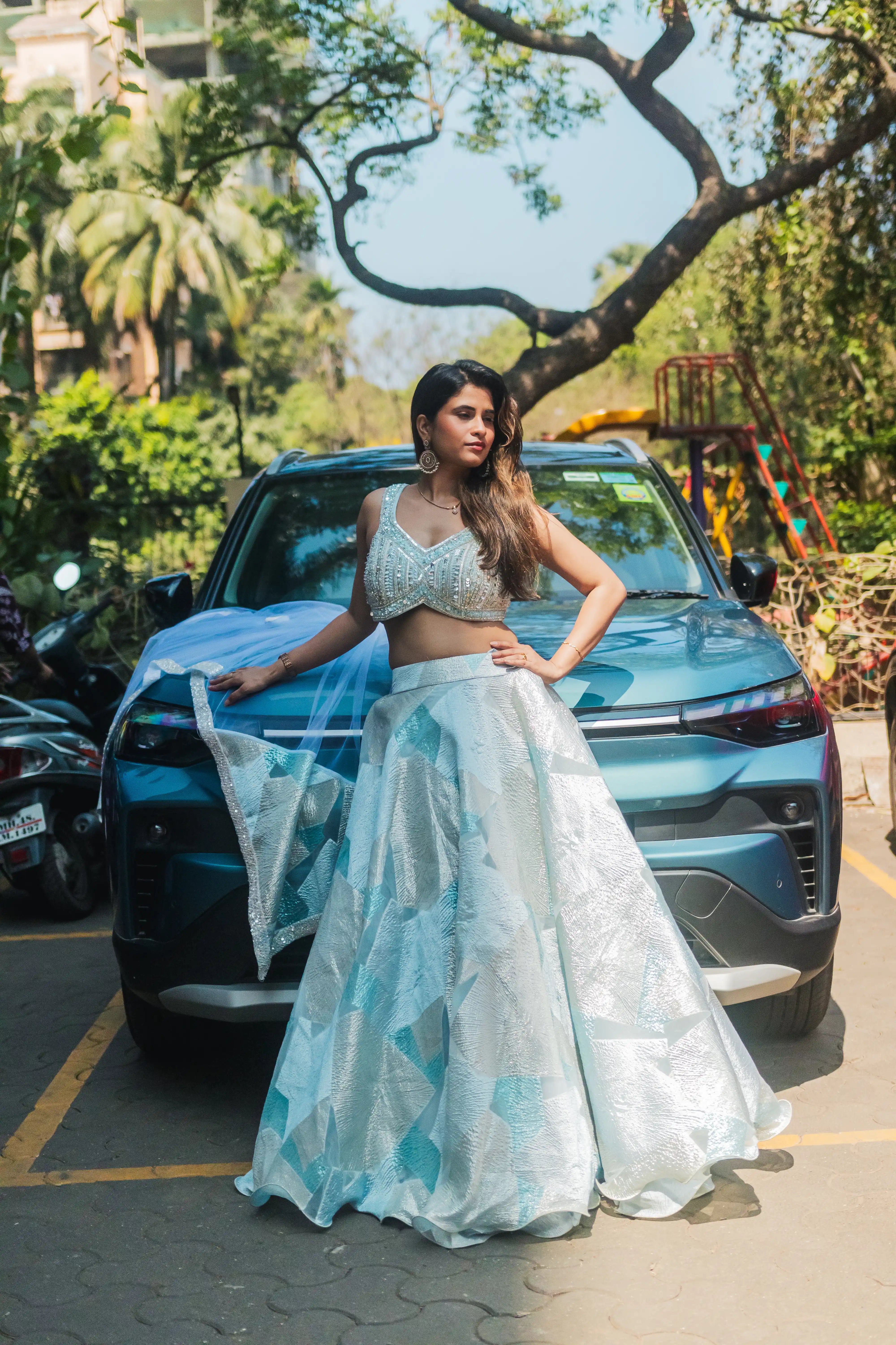 Powder Blue Contemporary Lehenga Set with Sequinned Blouse